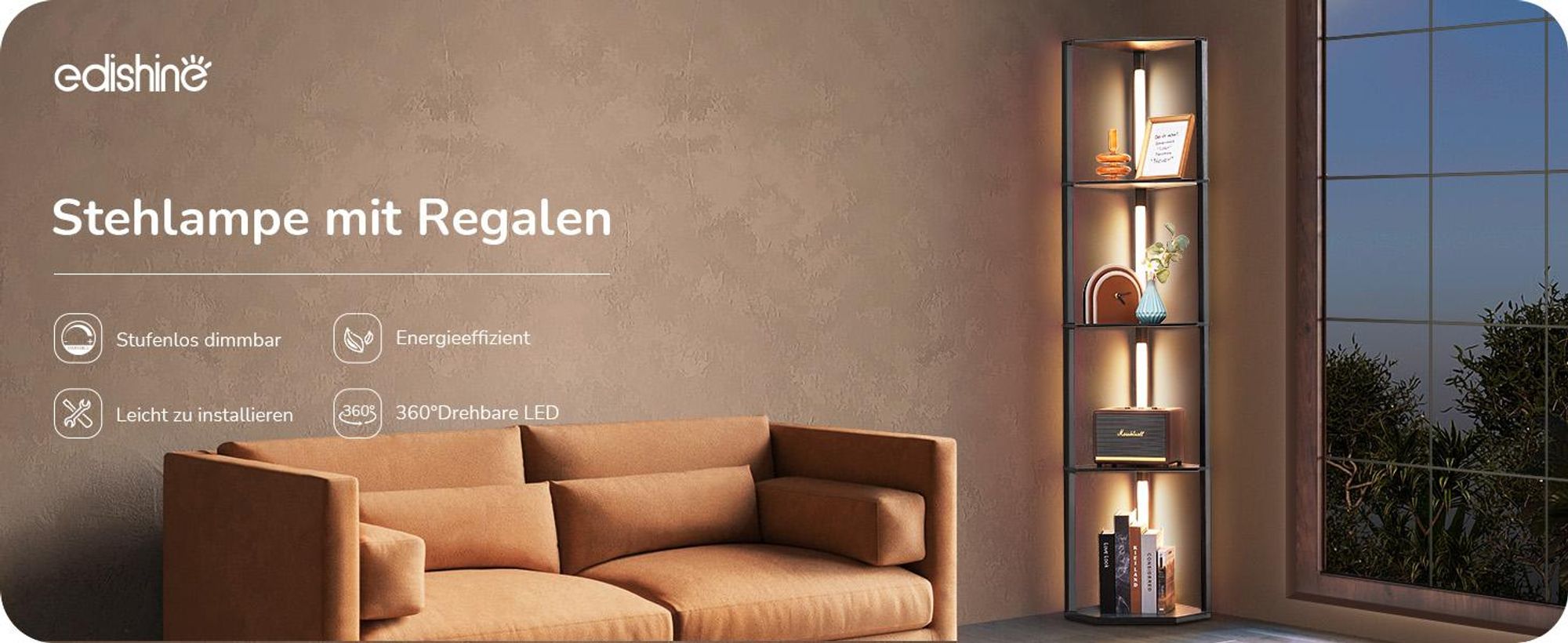 EDISHINE Stehlampe Dimmbar Wohnzimmer Schwarz, Standleuchte mit 4 Holz-Regal & 4 LED-Stangen 360° gedreht