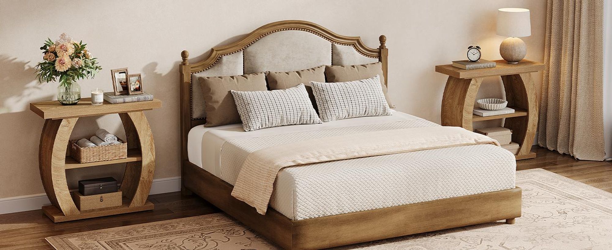 Tribesigns Beistelltisch, 3 Ablagen mit Stauraum, Gebogener Sofatisch Holz, Landhausstil Kleiner Beistelltisch für Wohnzimmer, Schlafzimmer, Natur