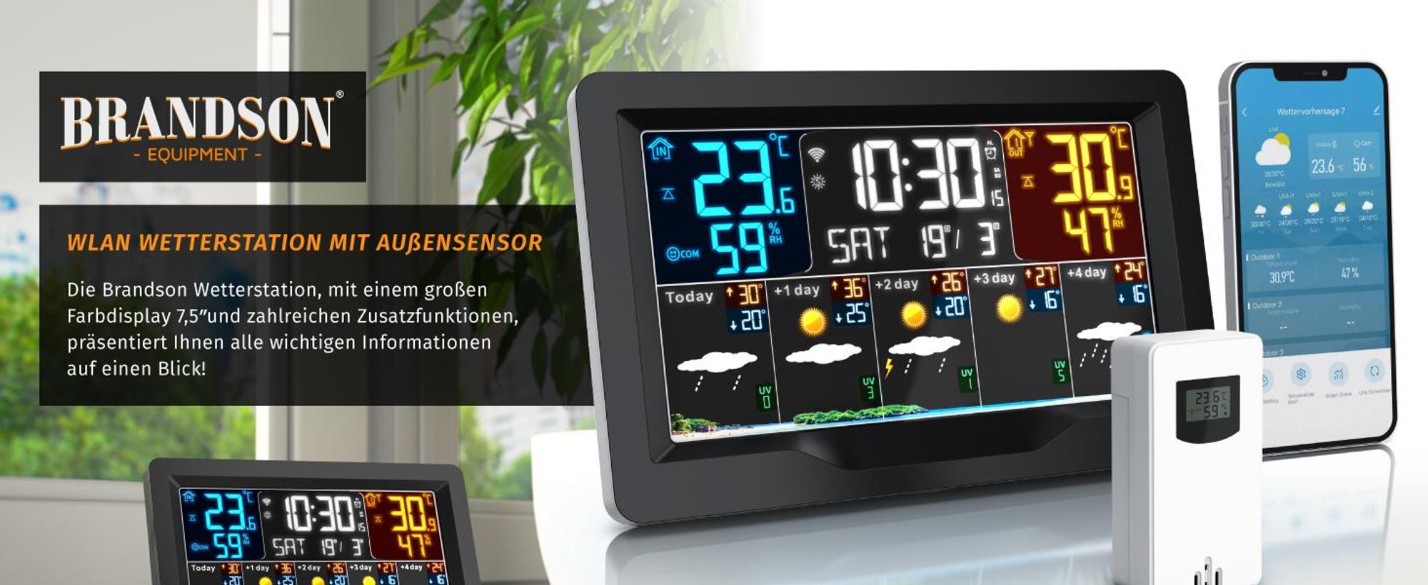 Brandson Wetterstation mit Außensensor, Funkwetterstation mit Farbdisplay, Wlan/WIFI, App Wetterprognose, UV-Index, Barometer, Luftfeuchtigkeit, Wecker