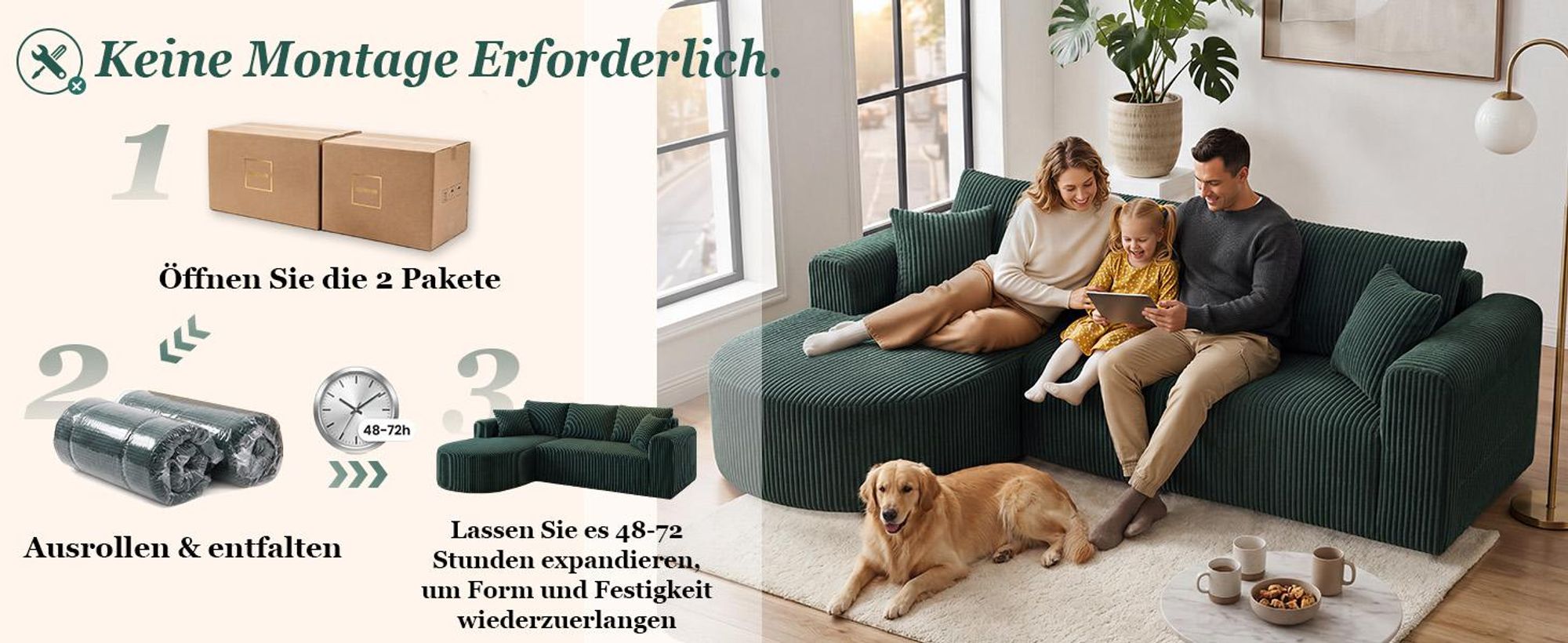 Sofa Ecksofa mit Schlaffunktion, Corduroy Modulares Boneless Couch mit Chaiselongue, L-Form Schlafsofa, Sektionssofas mit Kissen & Seitentaschen 243cm