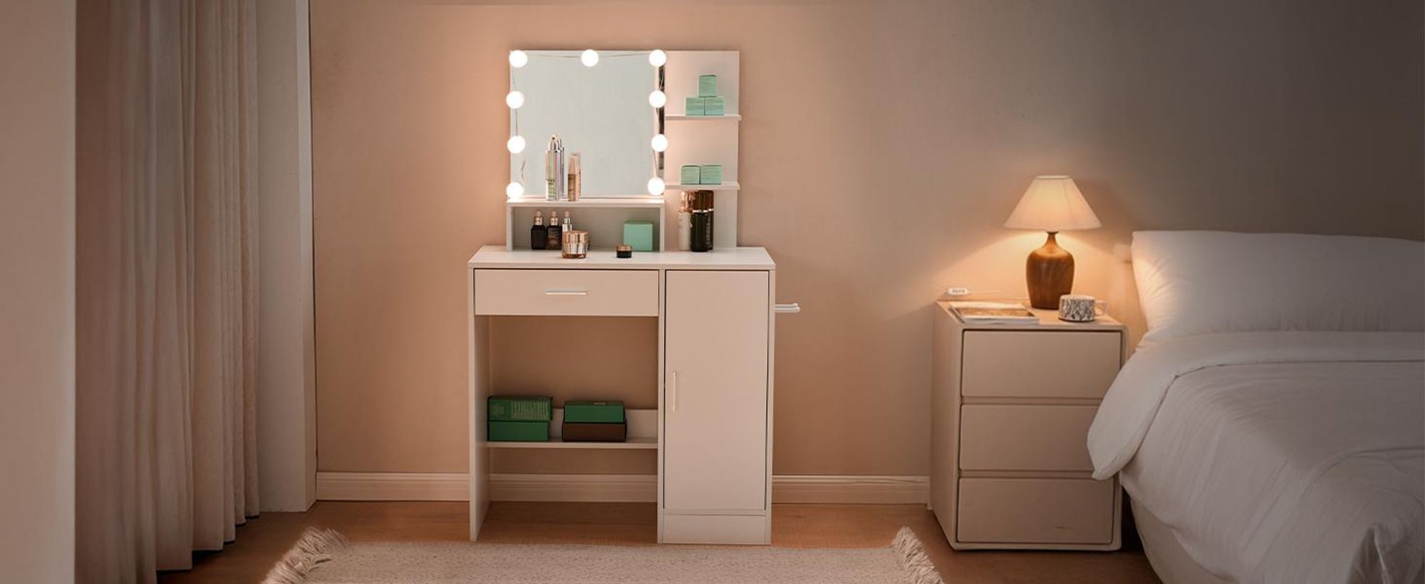 FCH Schminktisch mit LED-Beleuchtung & Spiegel, 3 Farben Verstellbarer Helligkeit, Frisiertisch mit Schublade, Schrank & Föhnhalter, 80x40x130 cm