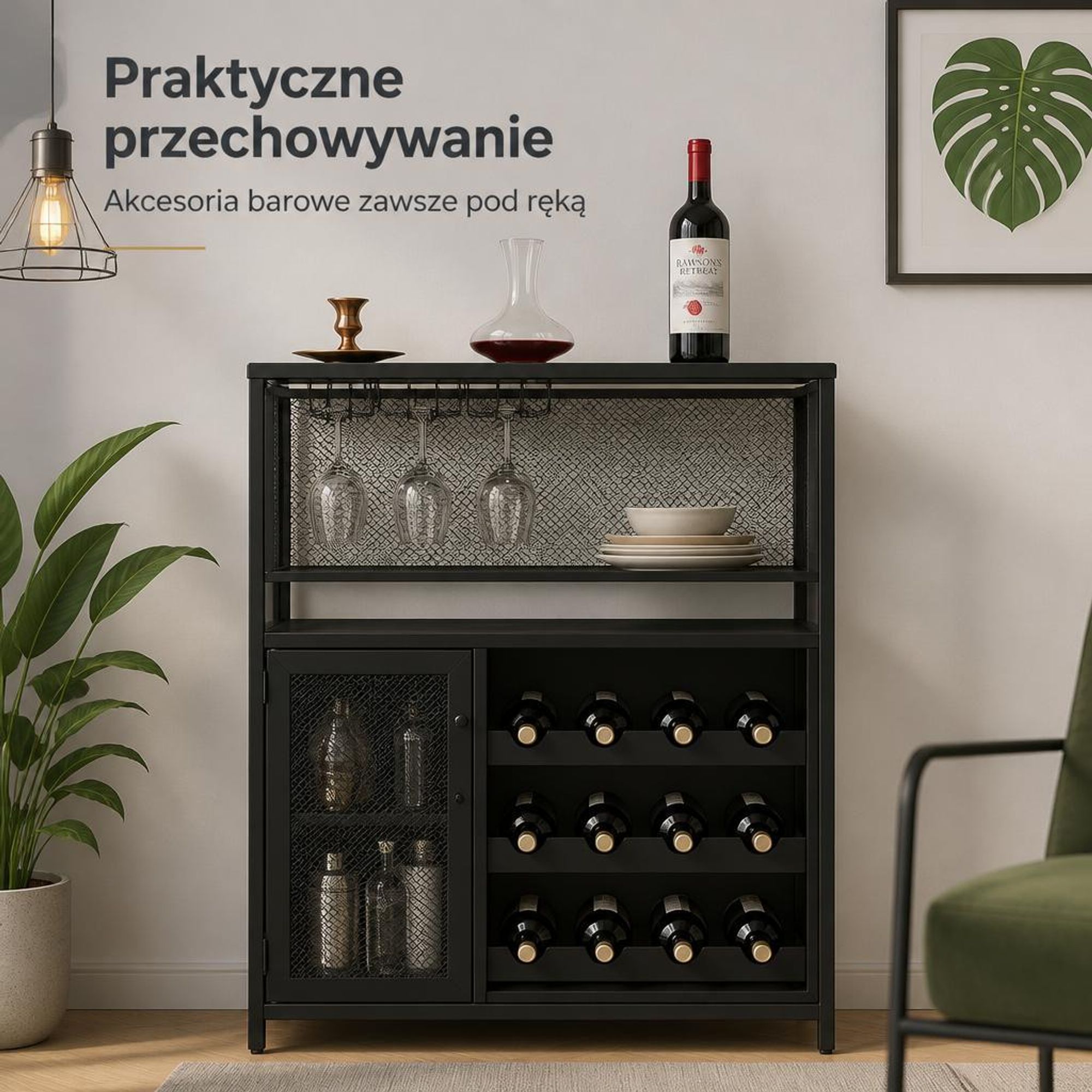 Wolnostojąca szafka na wino w stylu industrialnym (z drzwiczkami z siatki) – zawiera wyjmowane półki na wino i uchwyty na kieliszki – kolor czarny