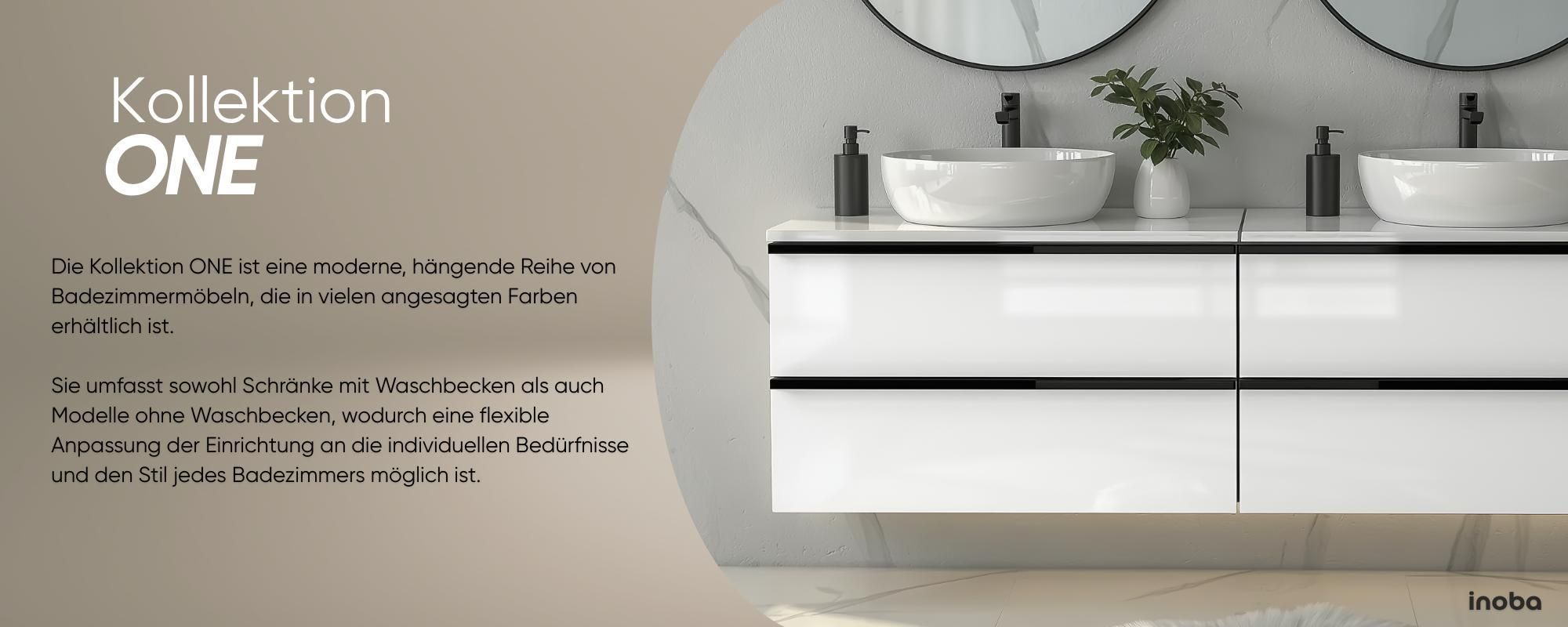 Waschbeckenunterschrank ONE Kaschmir 2 große Schubladen hängend Badmöbel 80x50x46 schwarze Griffe