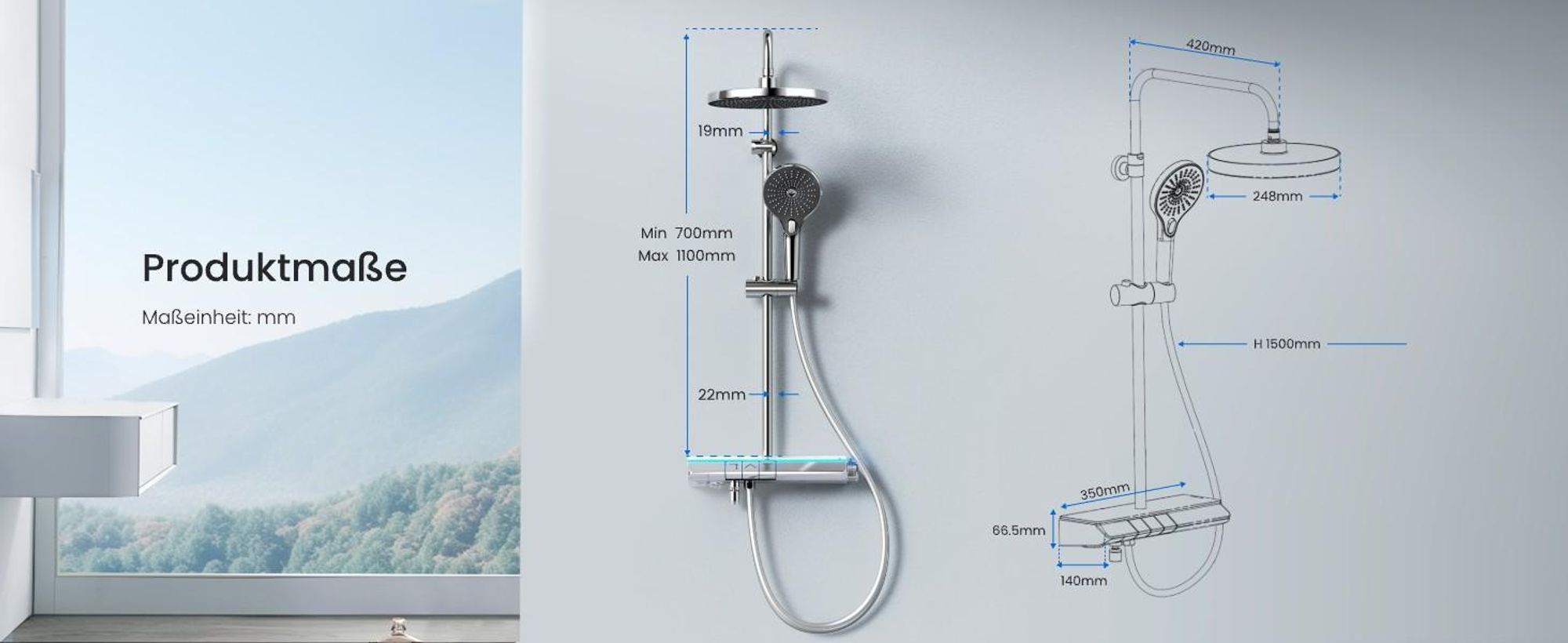 EMKE® Duschsystem mit Thermostat Chrom mit LED-Ambientebeleuchtung blau, Digitalanzeige, Regendusche 250mm, Badewannenauslauf & Glasablage F25