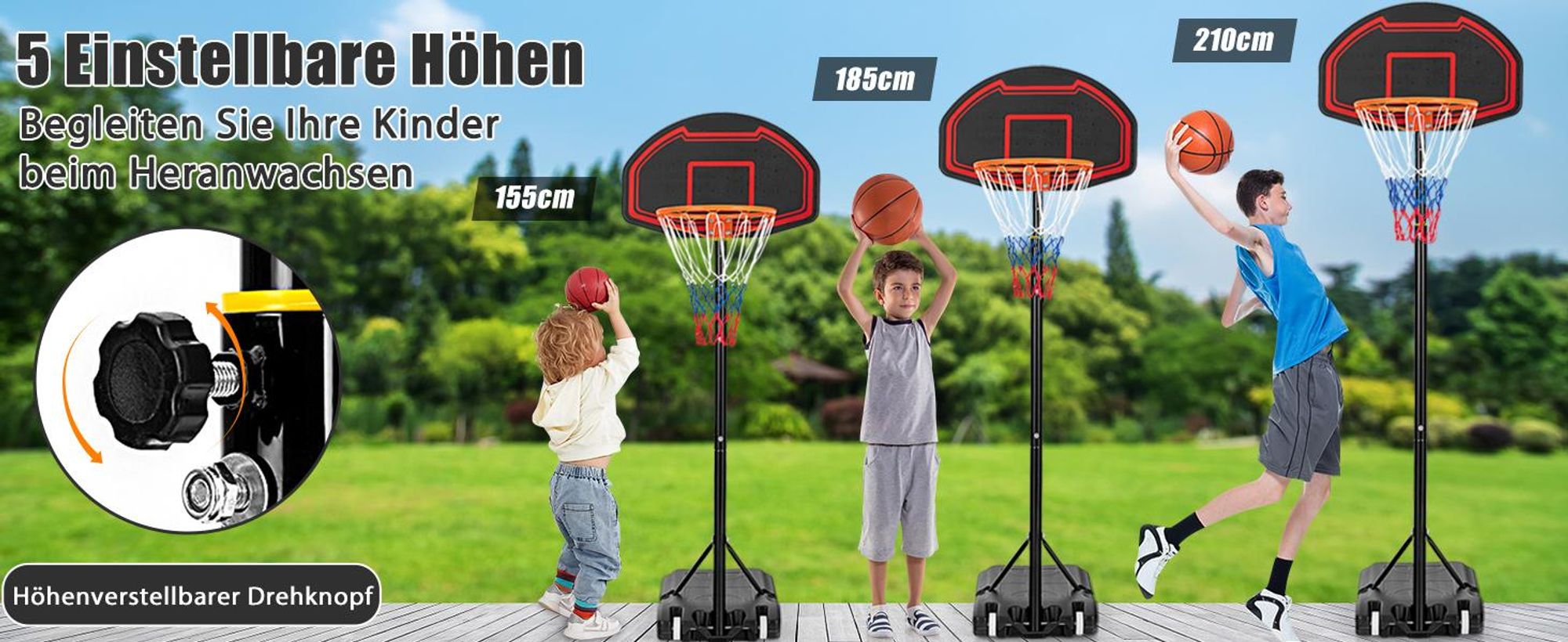COSTWAY Basketballständer 155 - 210cm höhenverstellbar, Basketballkorb mit Ständer, Basketballanlage rollbar, Korbanlage geeignet für Innen- und Außenbereich