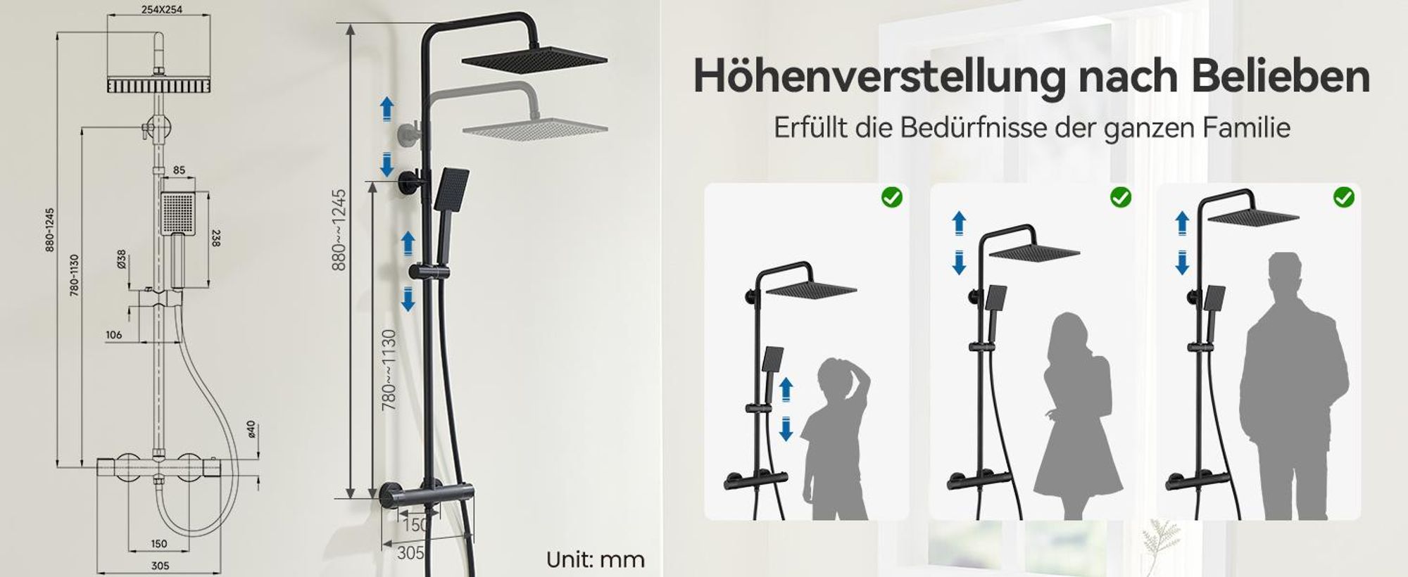 Duschsystem mit Thermostat Duscharmatur Regendusche Duschset Handbrause Dusche Schwarz