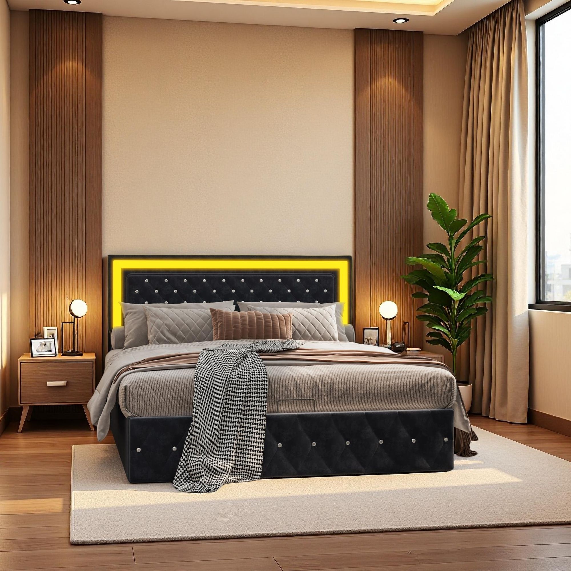 Hydraulisches Boxspringbett 180x200cm LED-Bettrahmen Verstellbares Kopfteil mit Smart Control RGBW LED, Doppelbett aus Samt, Schwarz
