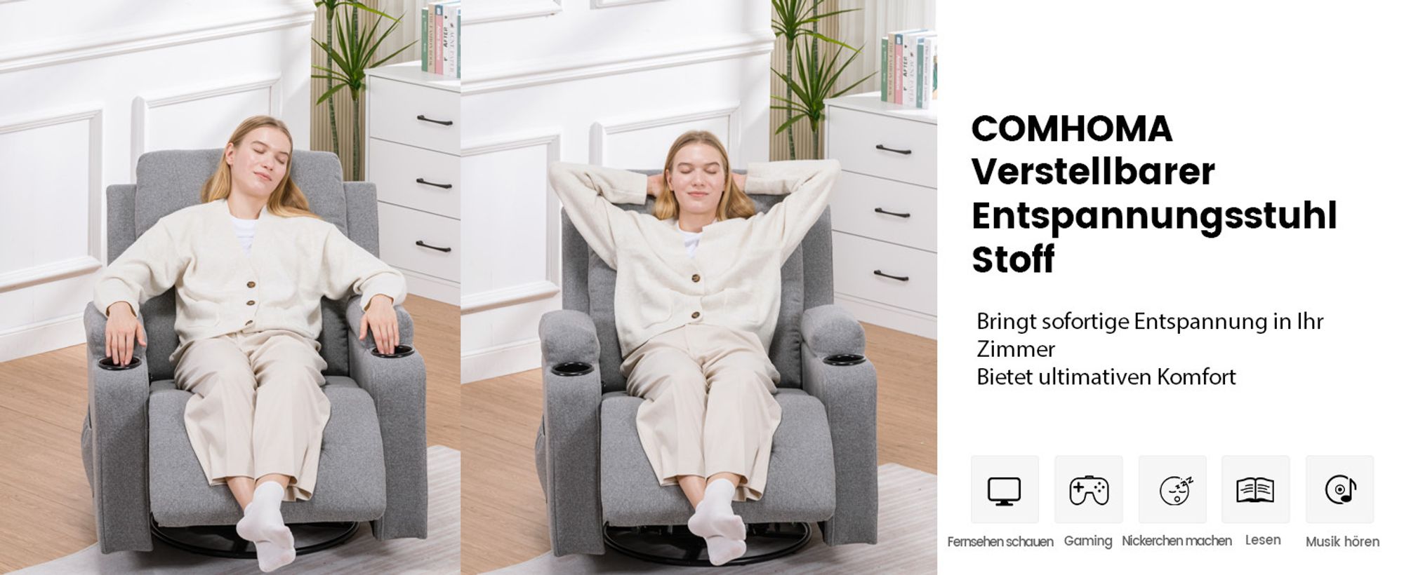 COMHOMA Relaxsessel TV-Sessel aus Stoff mit Liegefunktion Fernsehsessel Verstellbar, Recliner Chair, dunkelgrau-Stoff