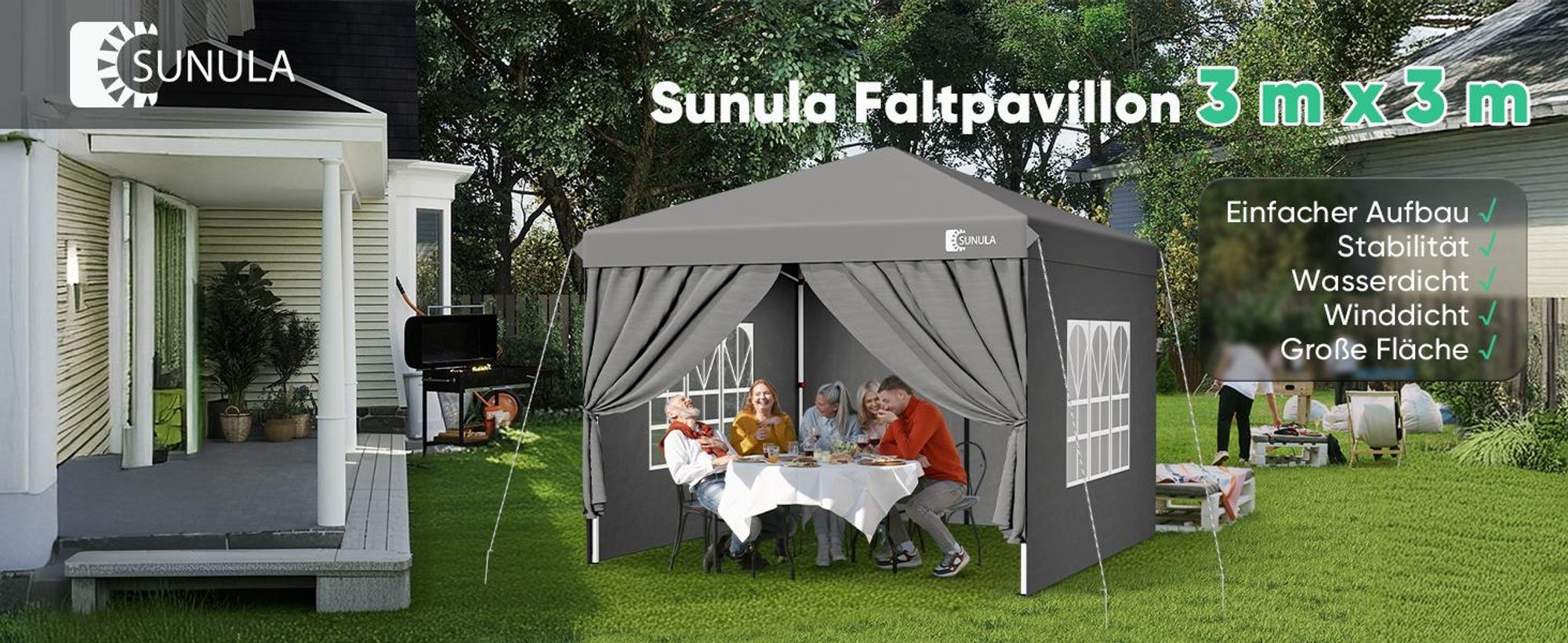 Sunula Faltpavillon 3x3 Gartenpavillon mit 4 seitenteilen wasserdicht, Grau