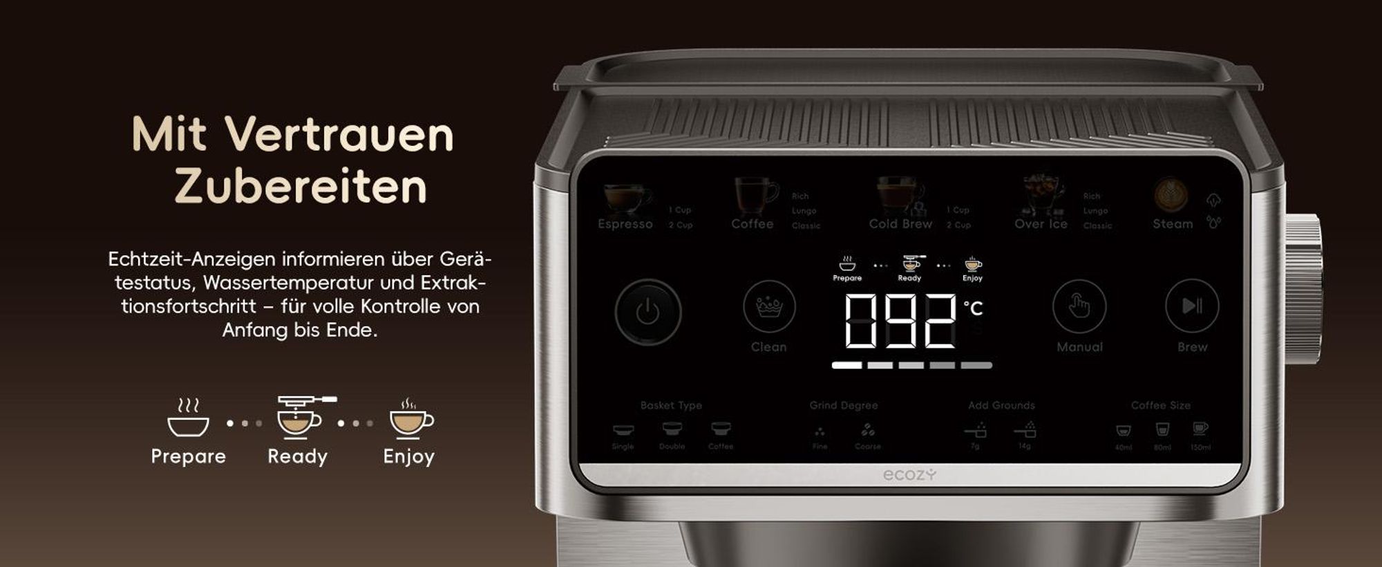 ecozy Espressomaschine mit Milchaufschäumer, 4-in-1 Siebträgermaschine für Espresso, Cold Brew, Over Ice, Kaffee, Latte, Touchscreen, Selbstreinigung