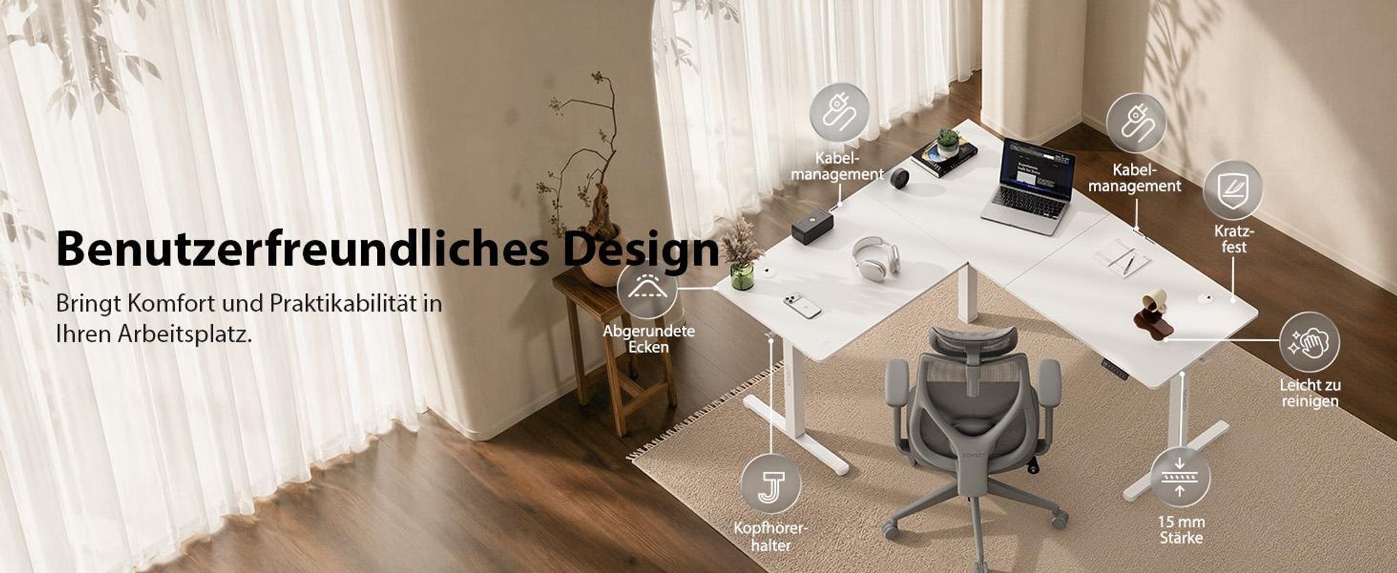 SENSE7 NOJO Light Corner Eckschreibtisch Elektrisch Höhenverstellbar 160x140 L-Form Stehschreibtisch Doppelmotor Memory Tischgestell Weiß PC Tisch