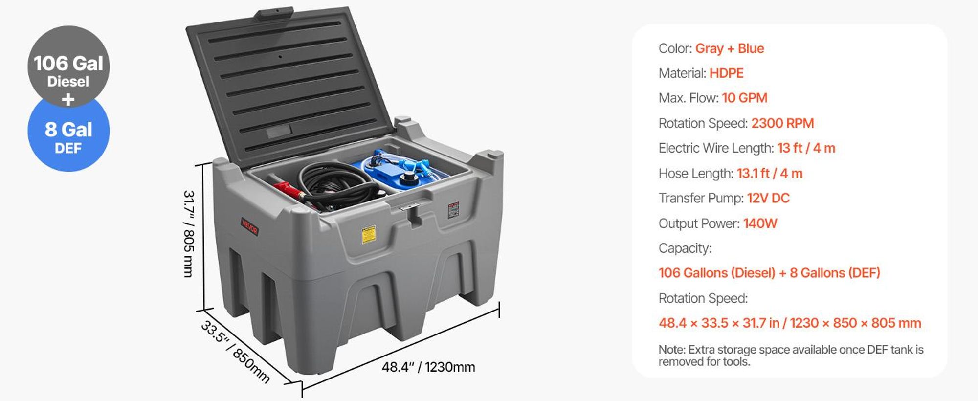 VEVOR Tragbarer Dieseltank, getrennter 401-L-Diesel- & 30-L-DEF-Lagertank, Kraftstofftransfertanks mit Pumpe & 4-m-Schlauch, 45 L/min Durchflussrate, Gaslagertanks für Kraftstofftransport