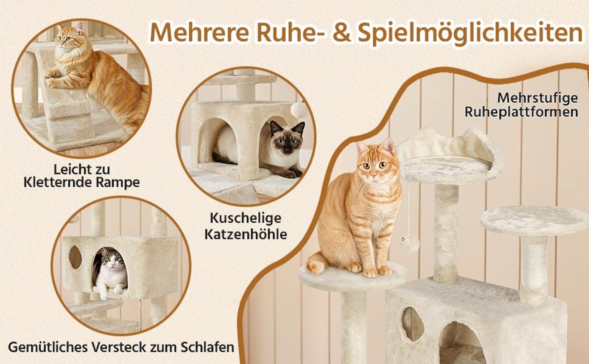 Yaheetech Kratzbaum Katzenbaum Stabiler Katzenkratzbaum Katzenmöbel, Kletterbaum für Katzen Höhe 158 cm, Beige