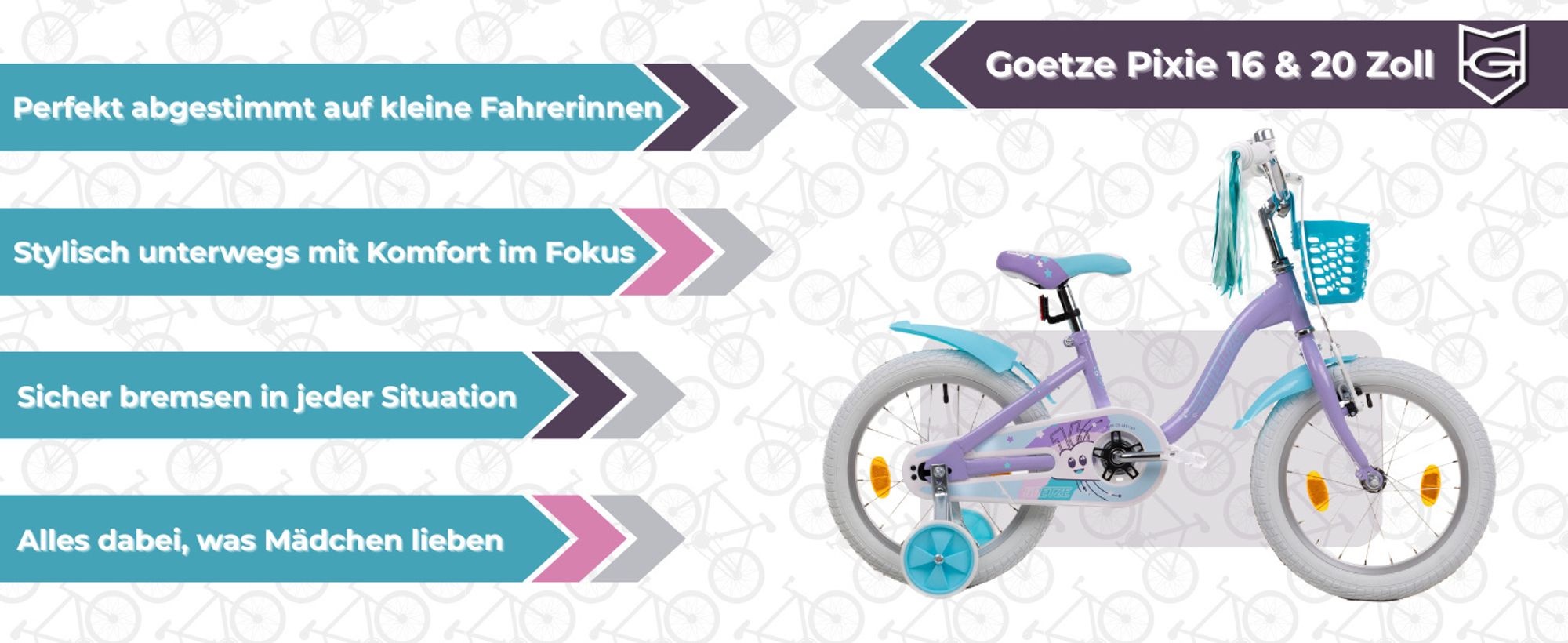 Goetze Pixie 20" - Mädchenfahrrad mit Aluminiumrahmen, V-Brake/Rücktrittbremse, Stützrädern, Korb und bunten Bändern.