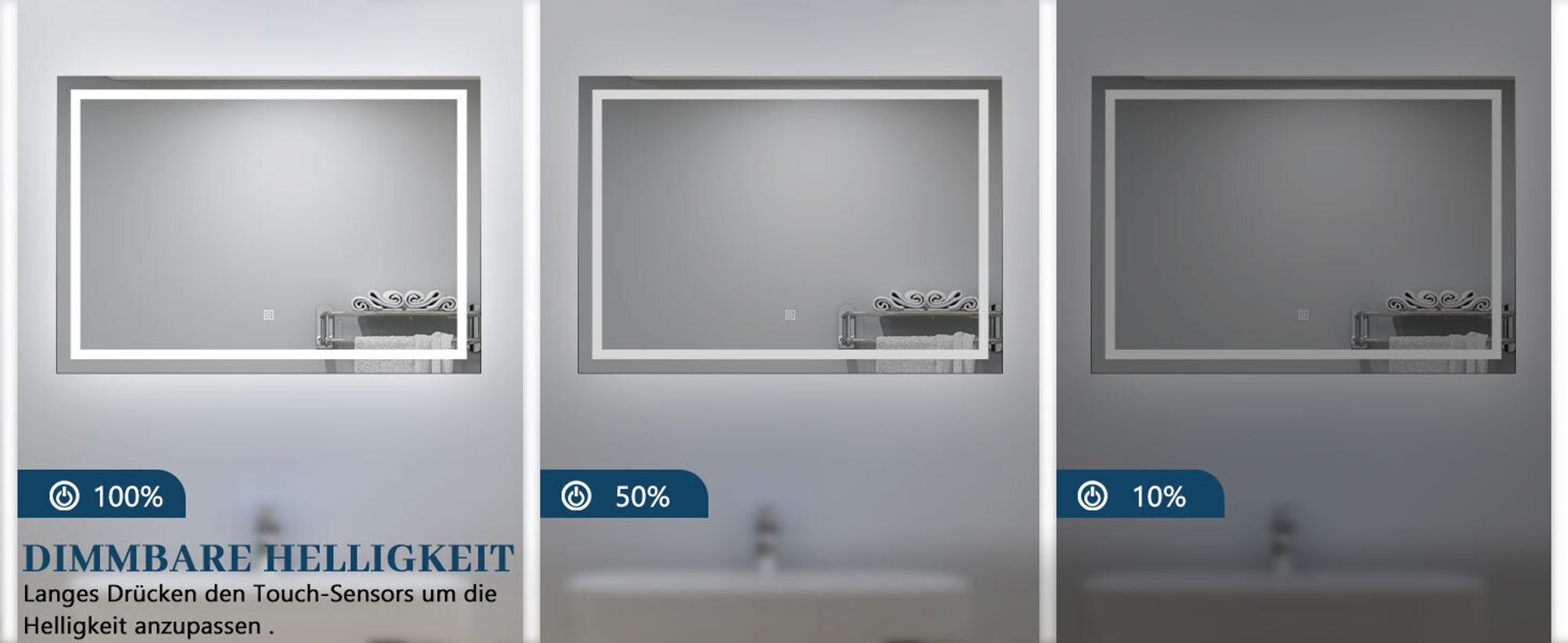 AICA LED Badspiegel 100x80cm Palmer-Serie 3 Lichtfarbe 3000K-6000K Dimmbar Wandspiegel mit Touch/Wandschalter Beschlagfrei Auto-Abschaltung IP44