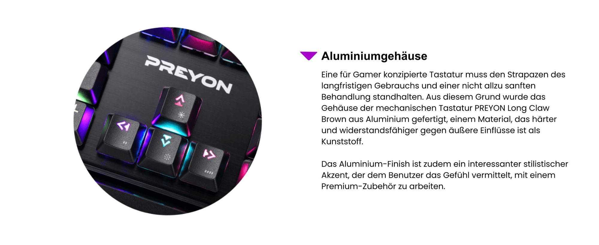 PREYON Long Claw Brown Tastatur Gaming-Tastatur - Handballenauflage - 104 Tasten - Gateron Brown Schalter - Aluminiumgehäuse - RGB-Beleuchtung - Beleuchtungsmodus - Software - USB-Durchgangsanschluss