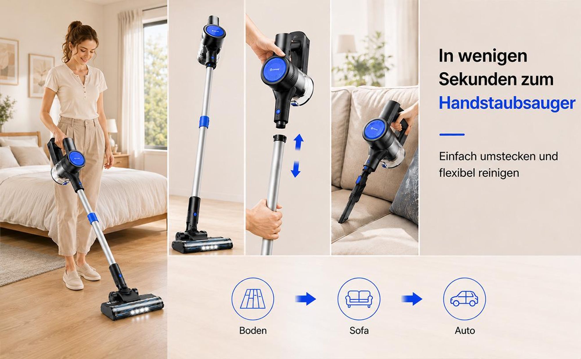 Akku Staubsauger, Staubsauger Kabellos,Kabelloser Staubsauger, 5 in1 Akkustaubsauger Bürstenloser Motor 55min, für tierhaare, 4HEPA
