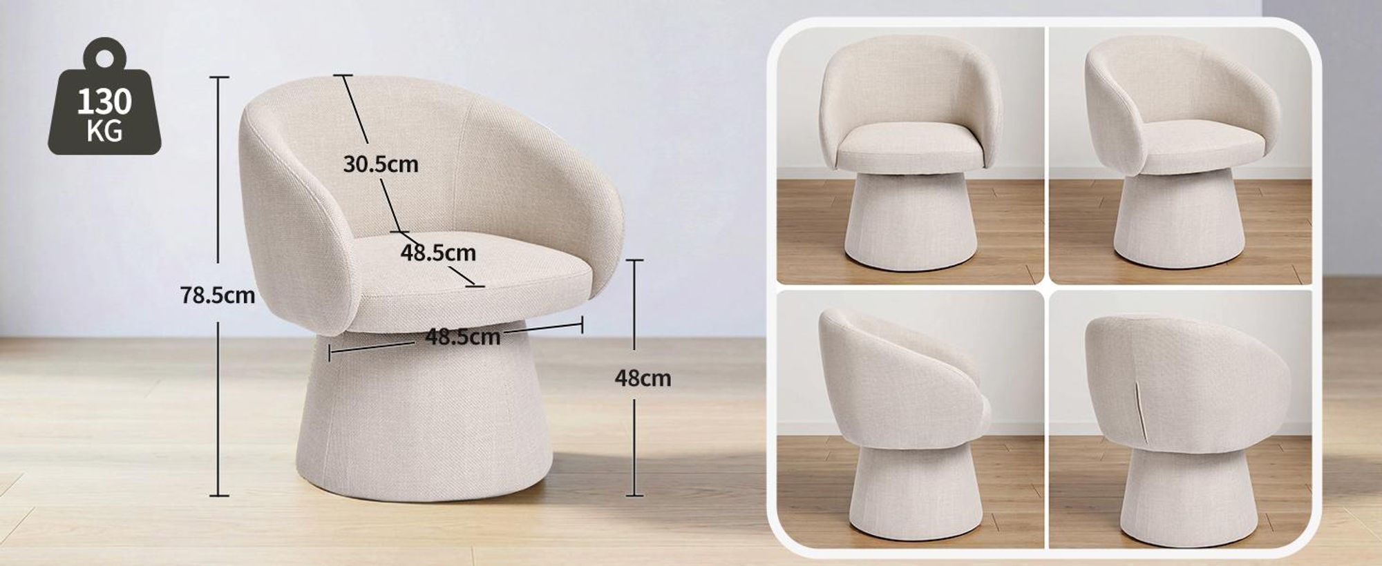 Duhome Sessel Wohnzimmer Beige Drehstuhl aus Leinen Loungesessel Design Modern Polsterstuhl für Schlafzimmer Esszimmer Büro