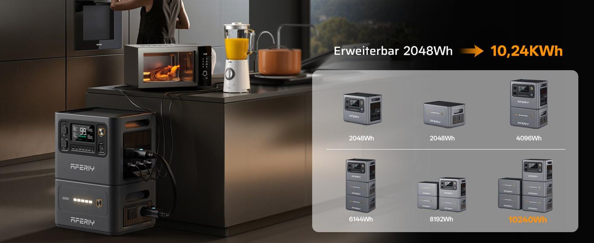 AFERIY P300 3000 W 2048 Wh Powerstation, 1200 W Solar, 1,5 h Schnellladung, erweiterbar auf 10,24 kWh, 220–240 V, für Camping und Zuhause