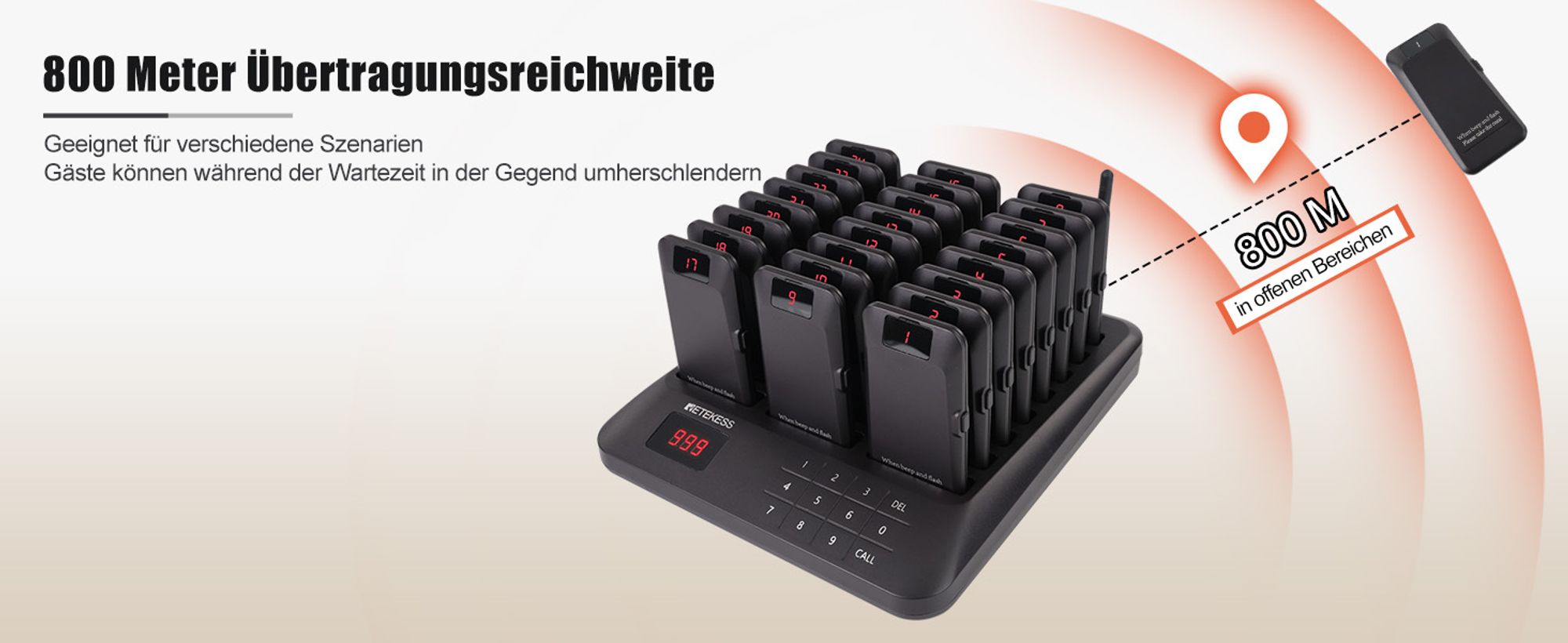 Retekess TD157P Pager Rufsystem, Restaurant Pager mit 800m, 24H, 39 Rufmodi, Geeignet für Fast Food Restaurant, Kompatibel mit TD157