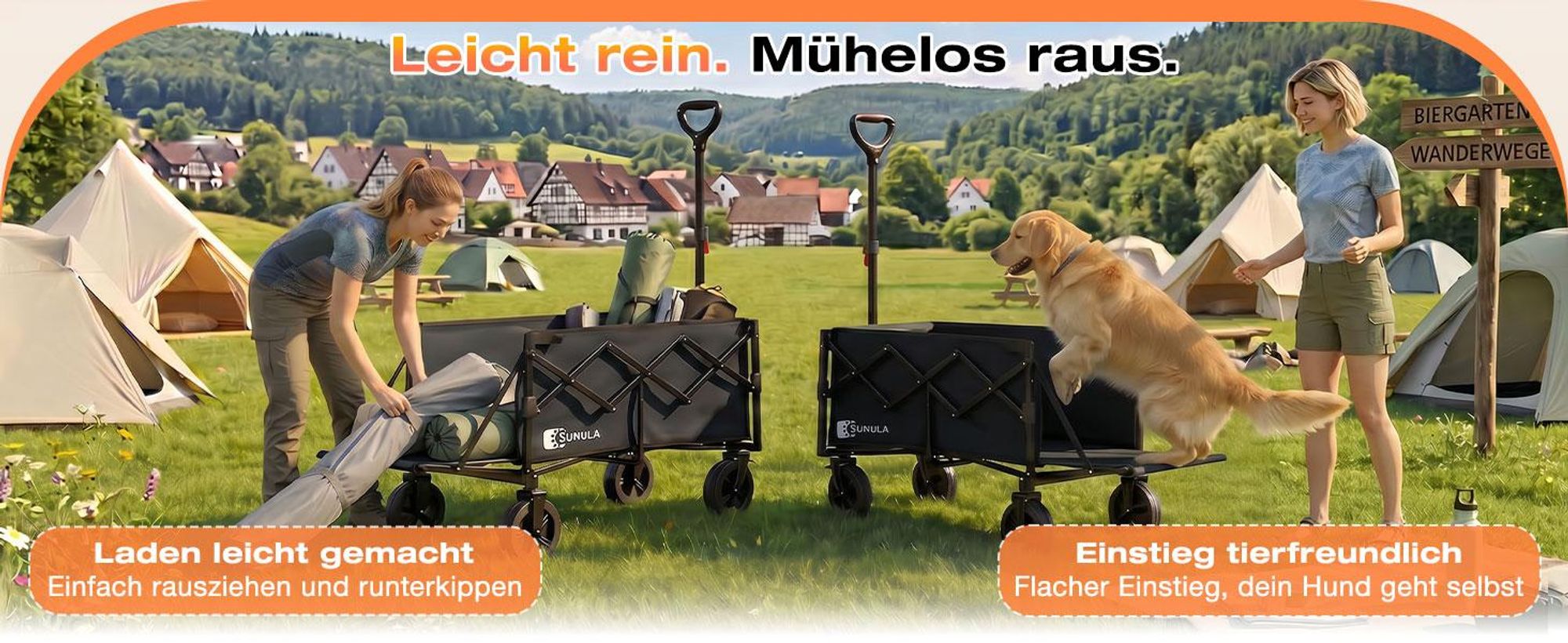 SUNULA Bollerwagen Faltbar mit Erweiterbarer Heckklappe – 80L & 115L Hunde Transportwagen, Schwarz