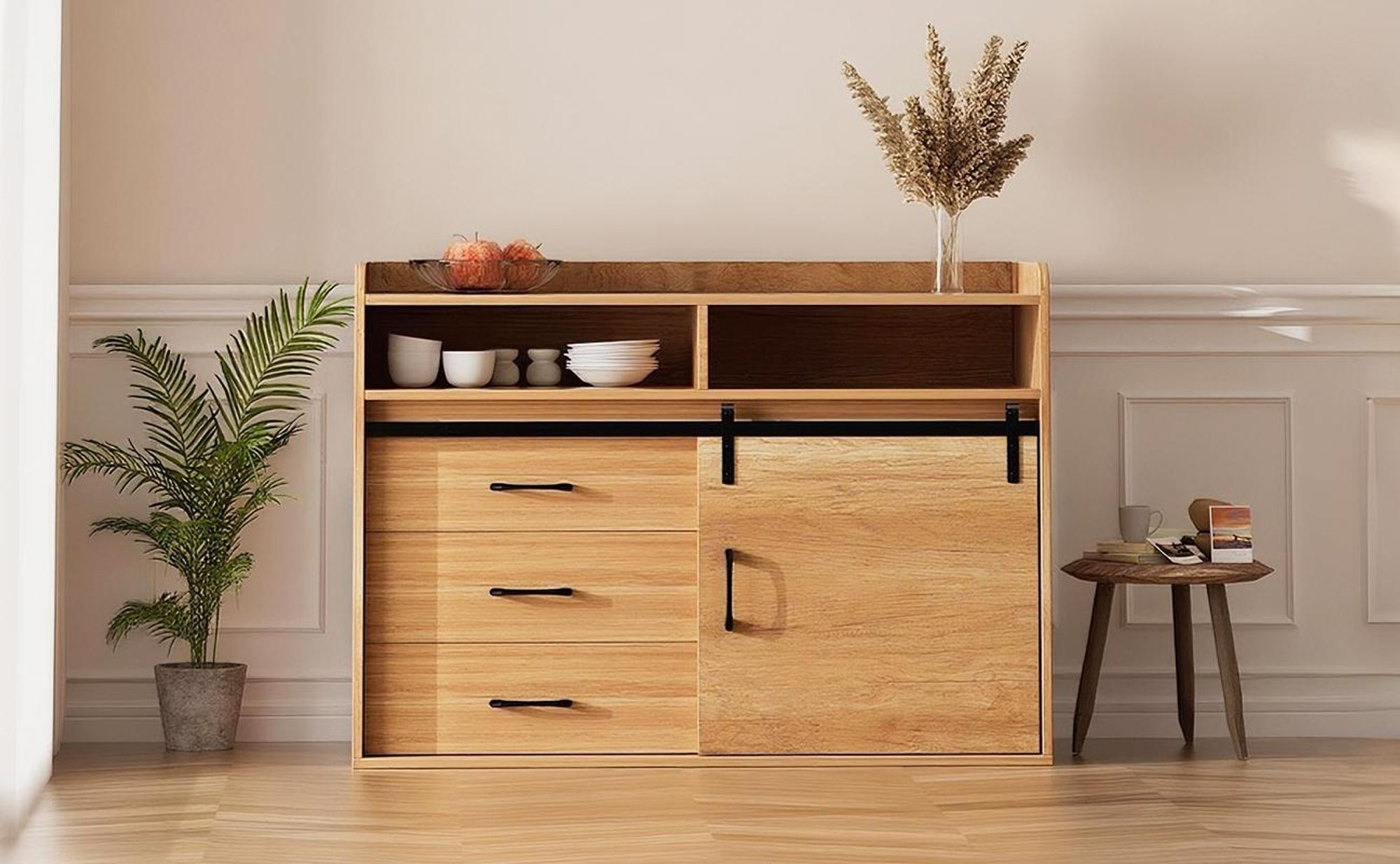 HOMAVO HG1-S Sideboard 107 cm – Modernes Wohnzimmer Sideboard mit 3 Schubladen, 1 Schiebetür & 2 offenen Fächern,Holz