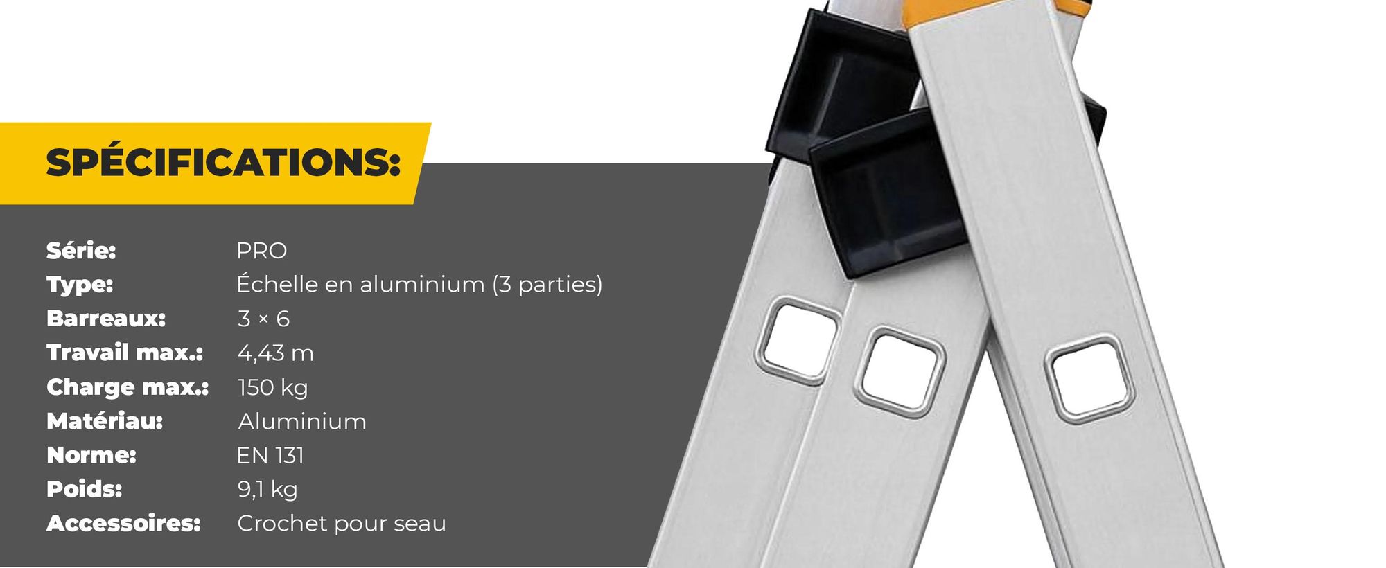 Drabest | Échelle Pro 3 Éléments 3x6 - Aluminium - Charge Max 150 kg - Antidérapante et Stable