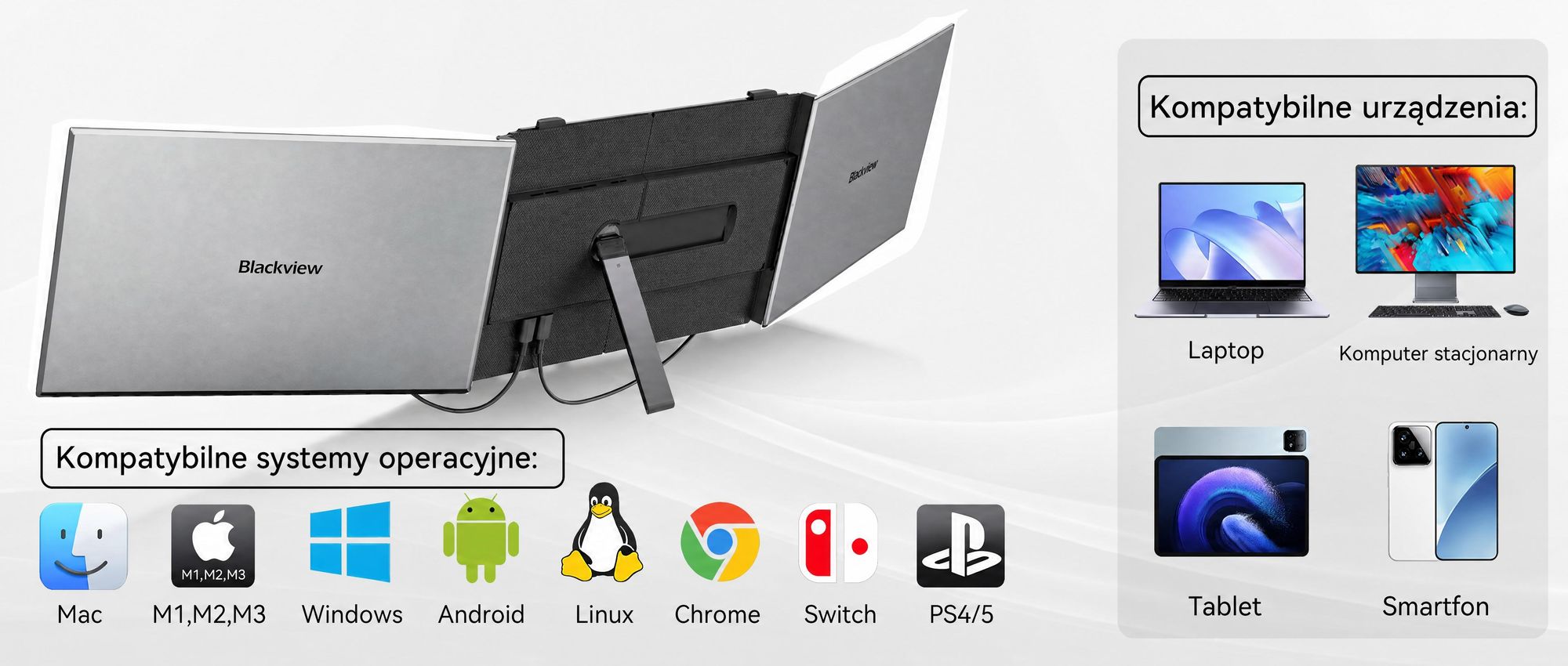 Blackview Przenośny monitor DCM6 14", monitor do laptopa z dwoma ekranami, ultracienki, FHD, do laptopów 13,3"-17,3", certyfikat obrót o 180°, kompatybilny z systemami Windows/Mac/Android