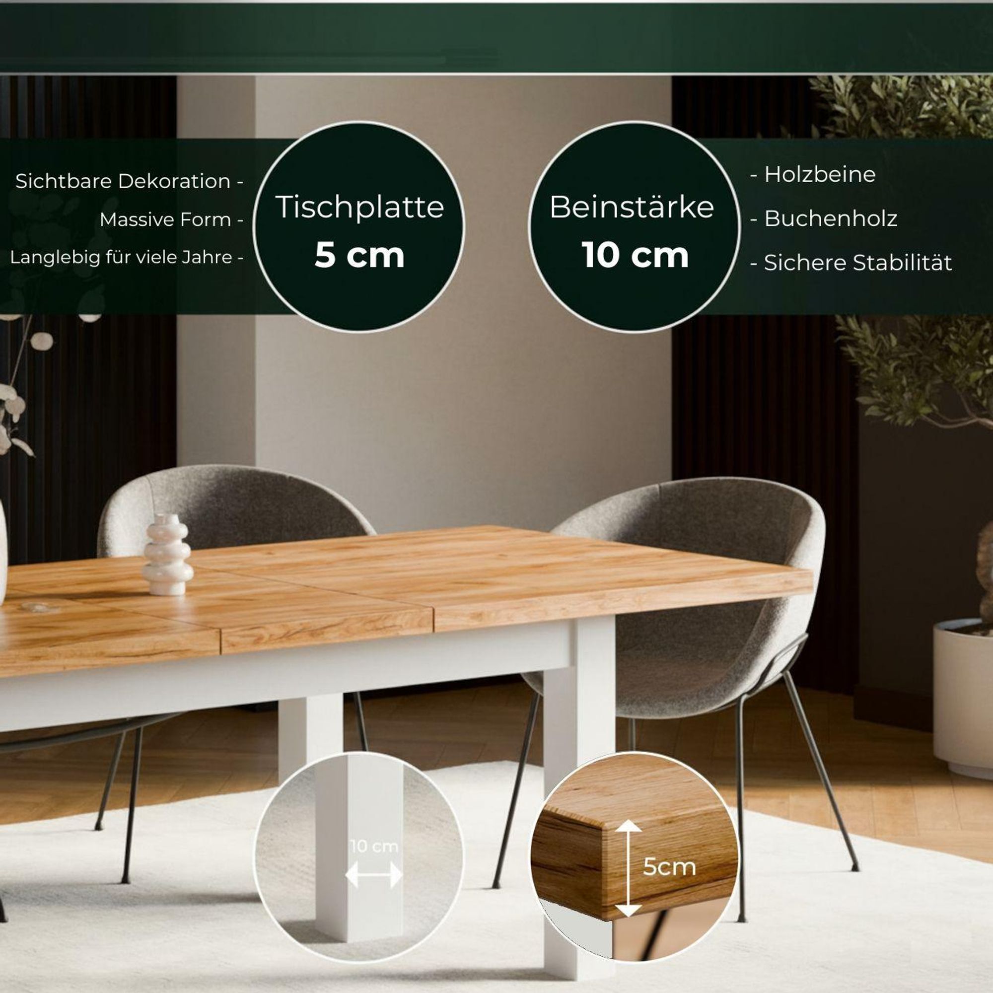 Großer ausziehbarer Esstisch Leonardo 100x200 cm – Weiß mit Eiche Craft – ausziehbar auf 300 cm – Massivholz Tisch für Esszimmer