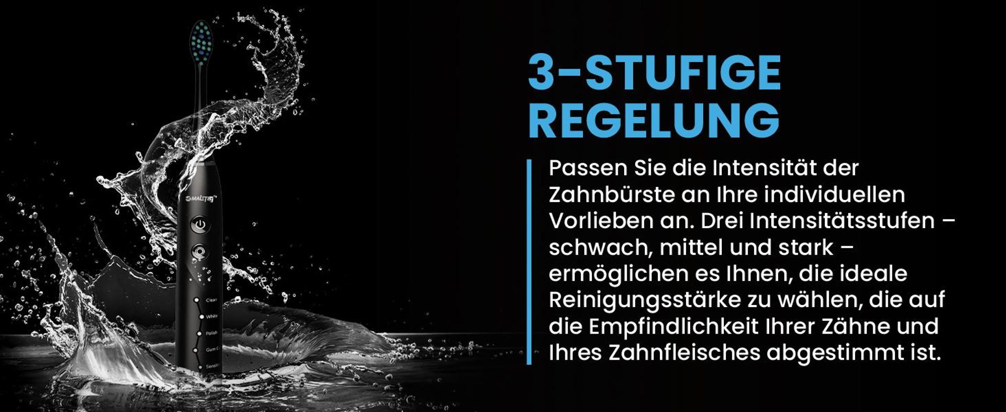 Schwarze Schallzahnbürste mit drei Intensitätsstufen und Reiseetui