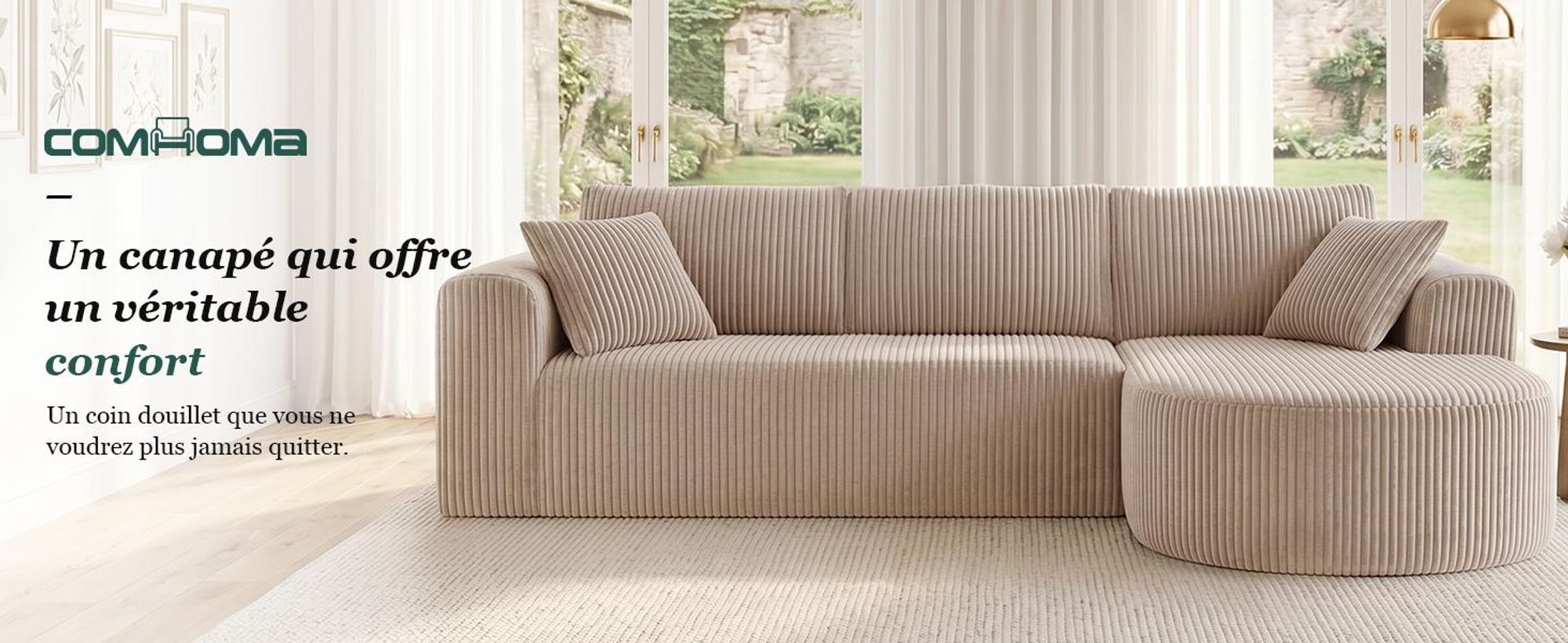 Canapé d'angle COMHOMA avec fonction convertible, 263 cm, en velours, modulaire, sans structure visible, avec chaise longue, canapé d'angle convertible, canapés modulaires avec coussins et poche latérale