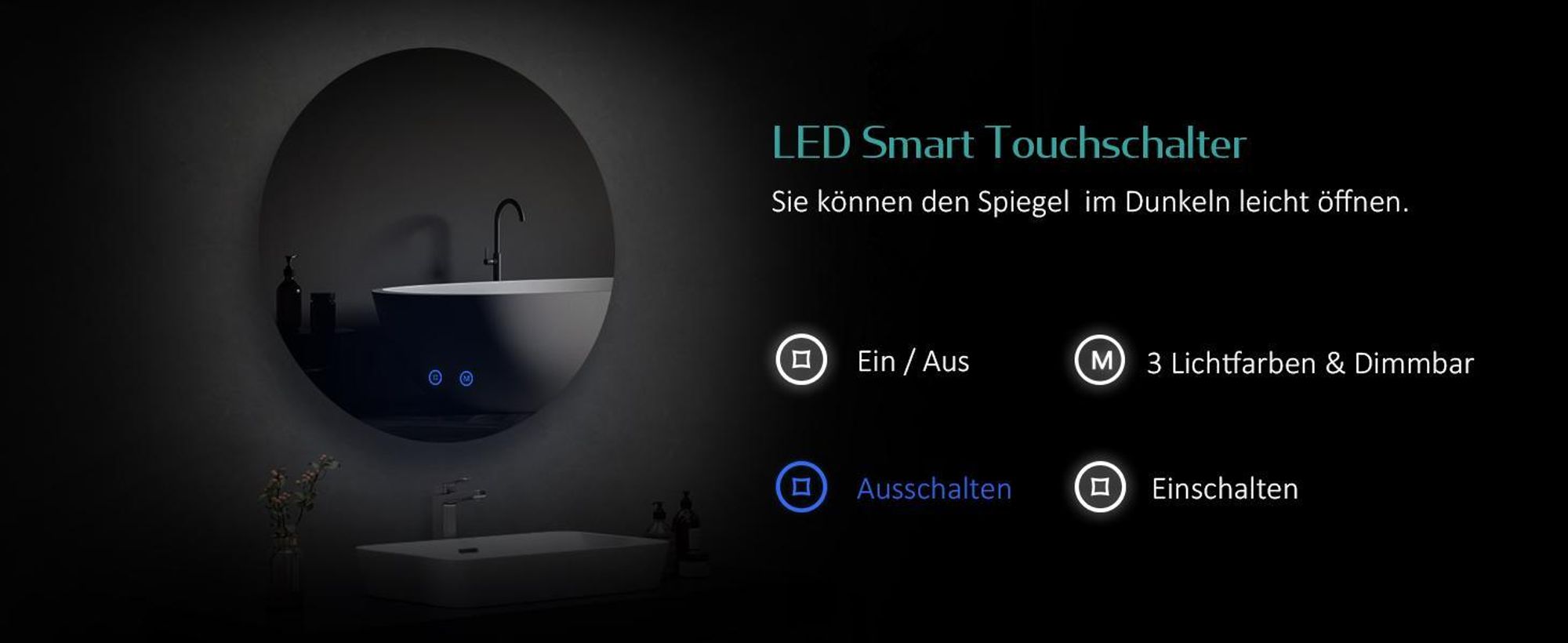 EMKE LED Badspiegel 50 cm Rund Spiegel Badezimmerspiegel mit Beleuchtung 3 Lichtfarbe 3000-6500K Kaltweiß Neutral Warmweiß Dimmbar Lichtspiegel