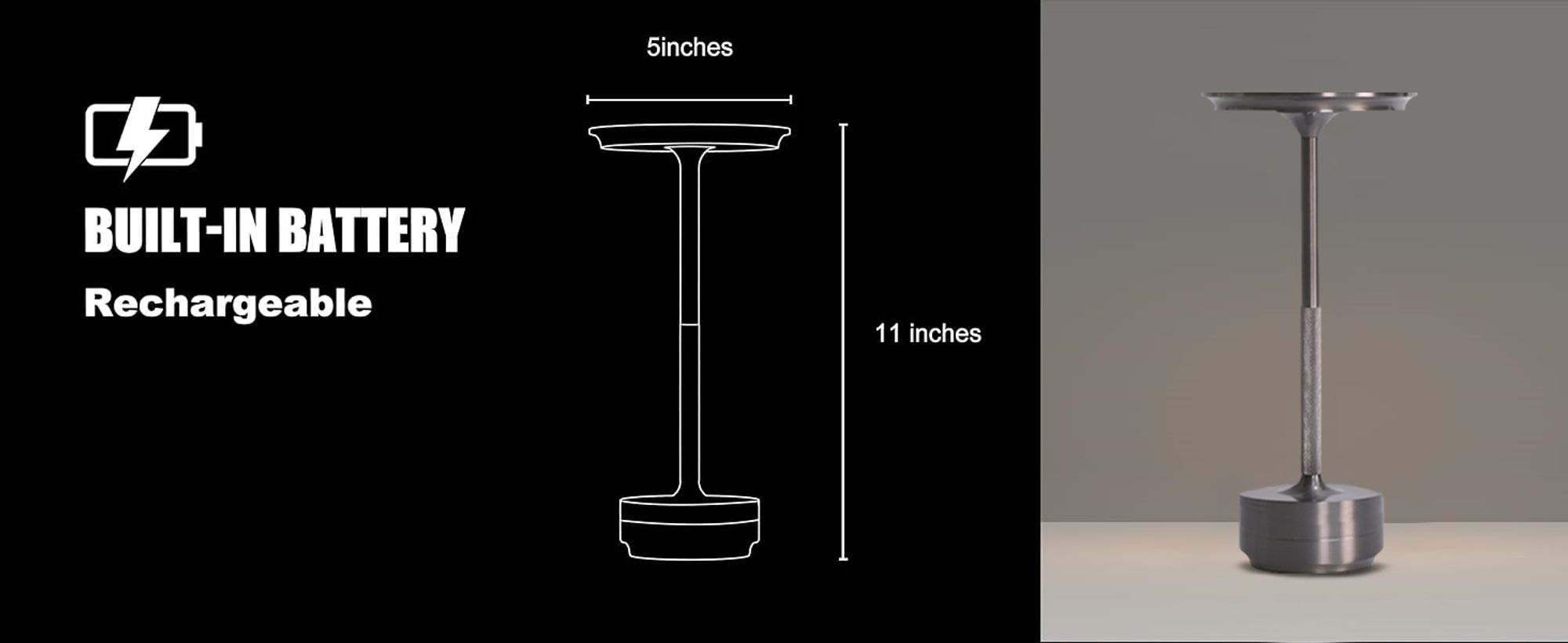 Kabellose, dimmbare LED Tischlampe mit Akku, Touch-Tischlampe, Nachtleuchte für das Wohnzimmer, dreifarbiges Licht, silbergraue Farbe