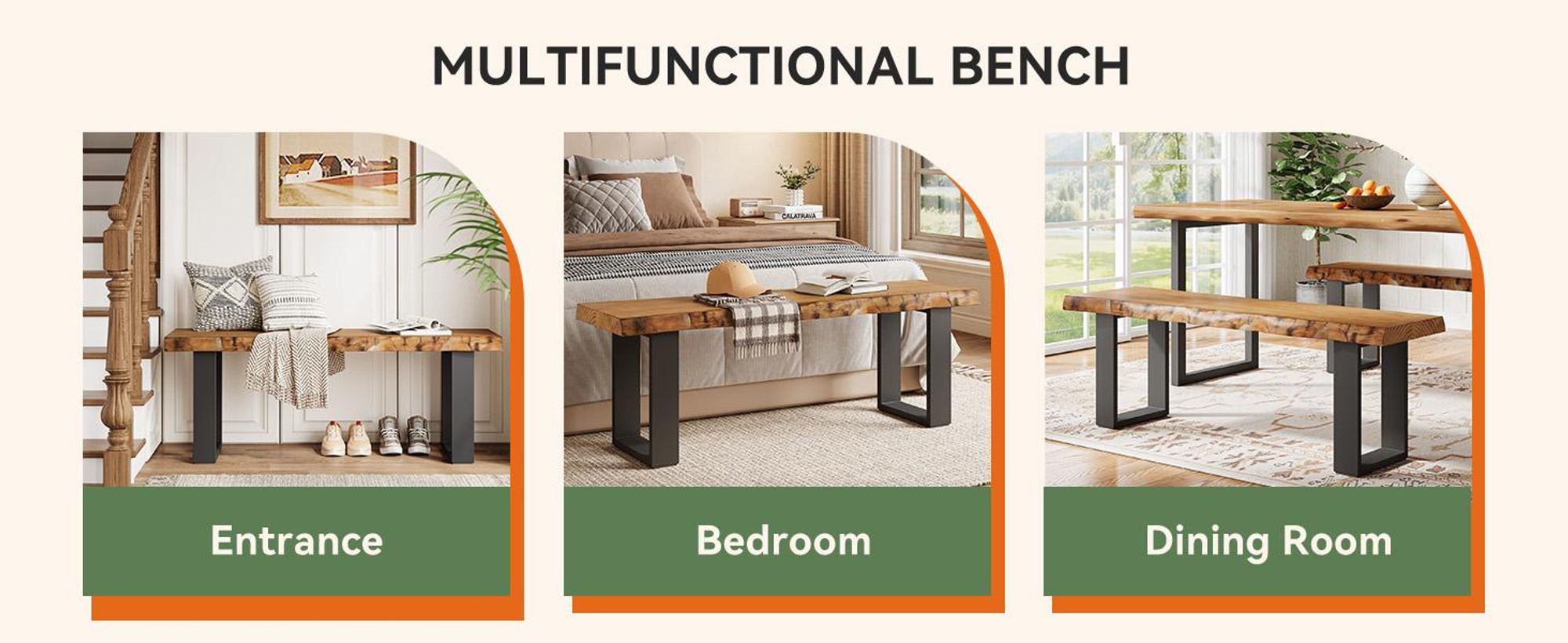 Wanbor 120cm Massivholz-Eingangsbank, industrielle Holz-Schuhbank mit Metallbeinen, schmale Lange Fußbank für Schlafzimmer, Wohnzimmer