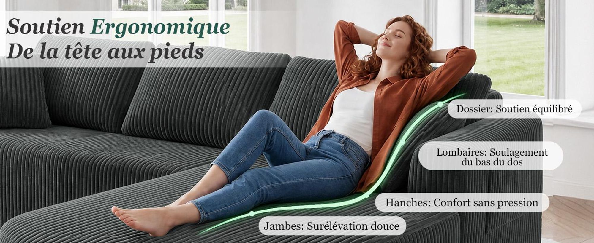 Canapé d'angle avec fonction convertible, canapé modulaire en velours sans structure visible, canapé avec chaise longue, canapé d'angle convertible, canapés modulaires avec coussins et poches latérales, 243 cm