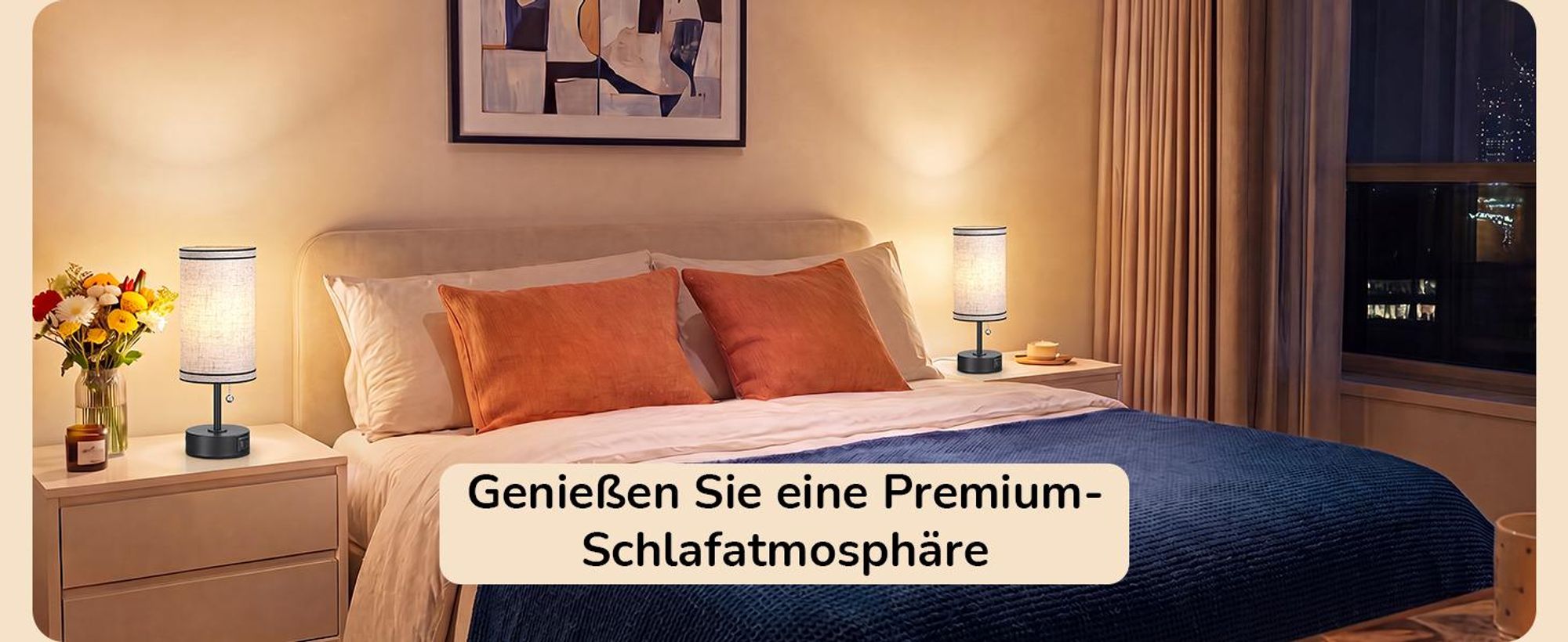 EDISHINE Nachttischlampen 2er-Set, mit USB-A- & USB-C-Anschlüssen, Modern  Zugschalter, inkl. 4W LED-Birnen E27, Tischlampe mit schwarzem Metallsockel