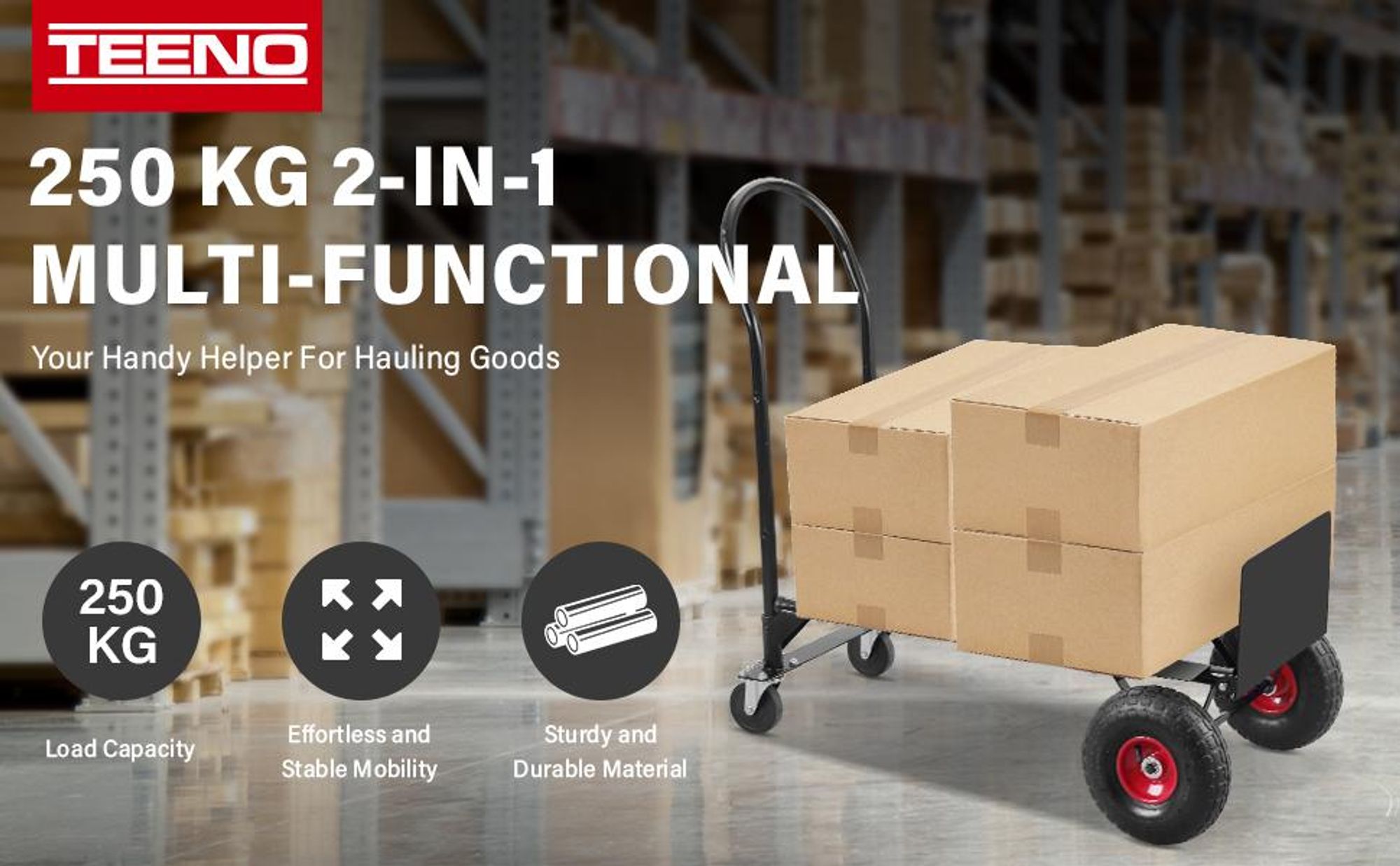 TEENO 2 in 1 Sackkarre und Transportkarre, Plattformwagen, Sackkarre, Klappbarer Transportwagen, Paketwagen, Klappbar mit Tragkraft 350 kg