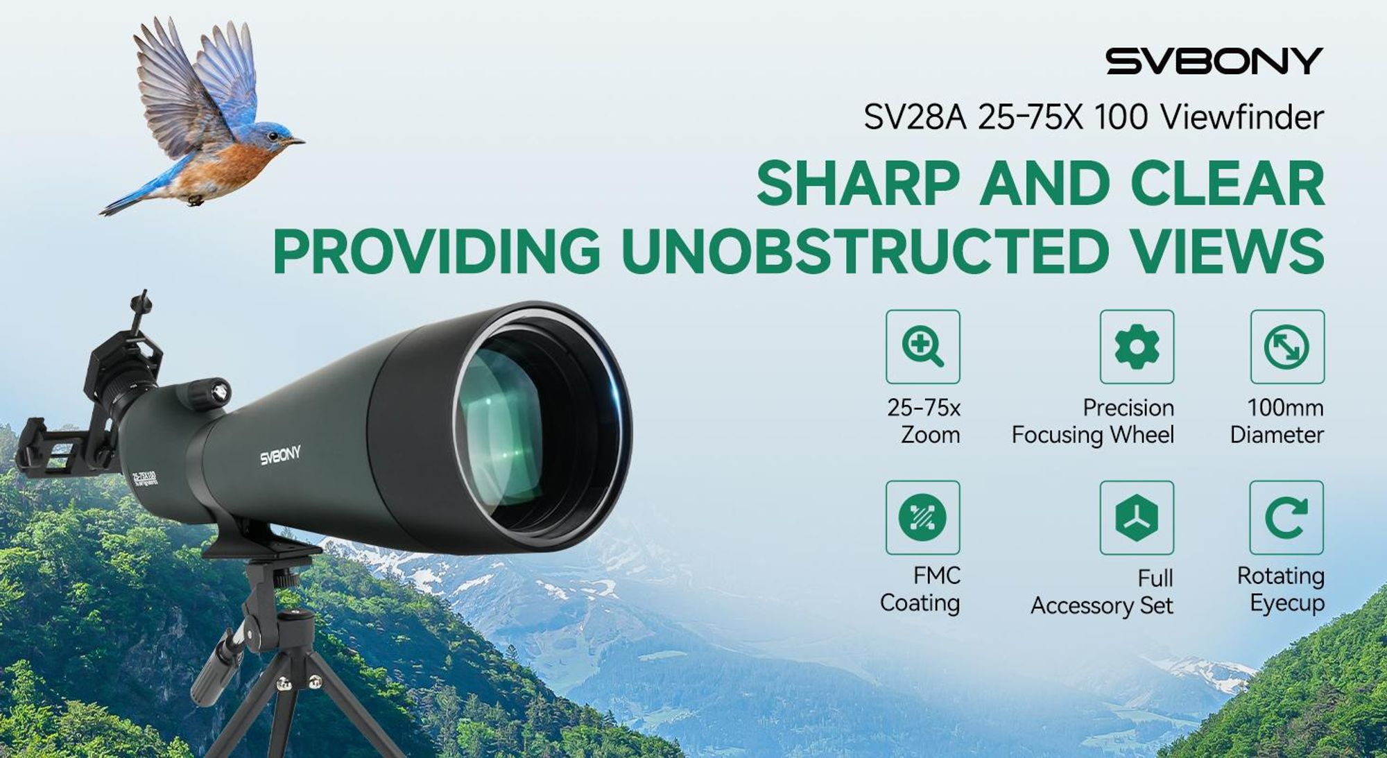 Svbony SV28 25-75x100mm Cannocchiale, ampio campo visivo, HD BAK4 Porro prism FMC, cannocchiale con adattatore per cellulare e custodia per treppiede