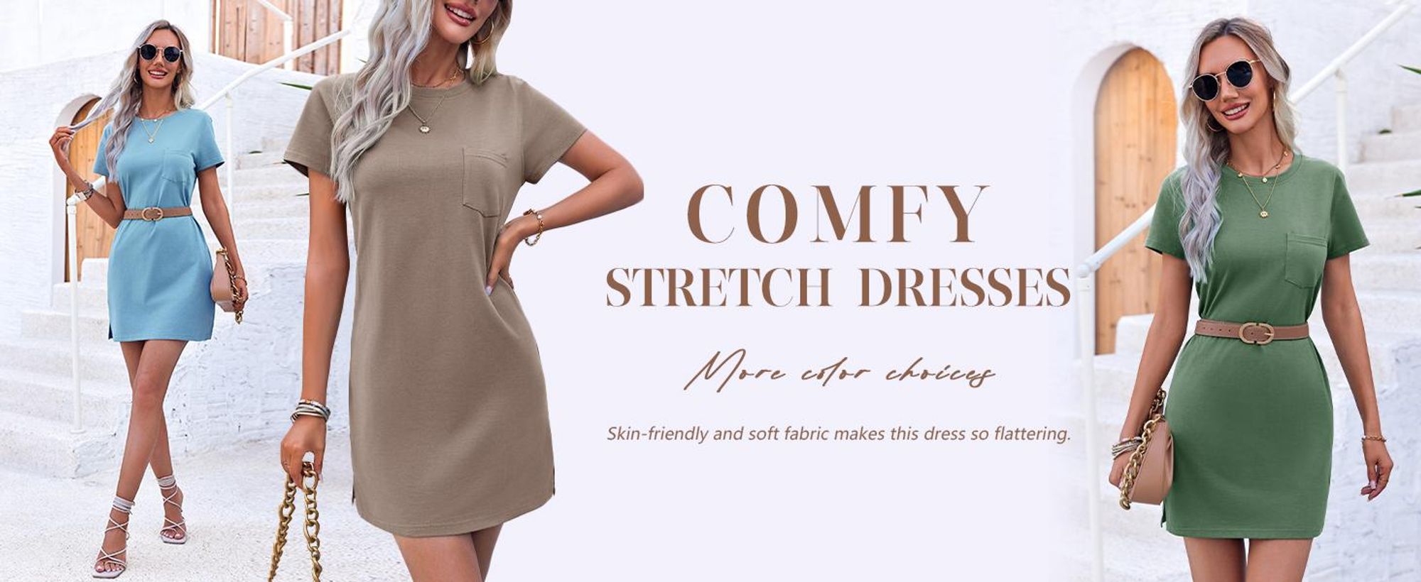 Minikleid für Damen, Rundhalsausschnitt, kurze Ärmel, einfarbig, mit Taschen