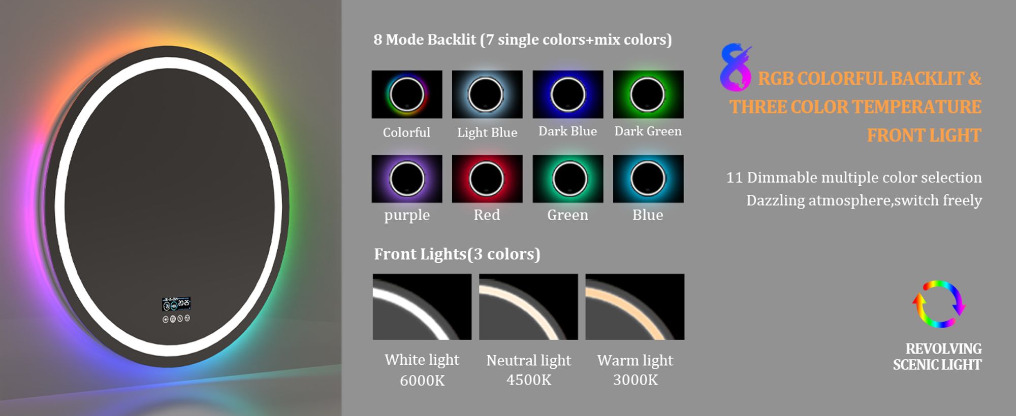 WISFOR LED Badspiegel Rund mit Bluetooth Lautsprecher, 80cm RGB Wandspiegel Badezimmerspiegel mit Beleuchtung dimmbar Beschlagfrei Touchschalter