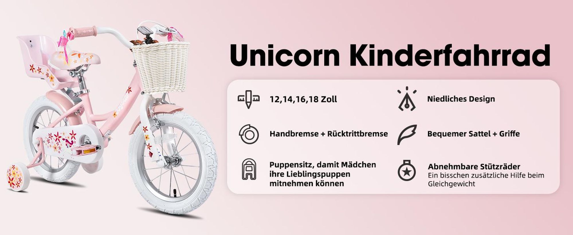 HILAND Joystar 16 Zoll Kinderfahrräder Mädchen mit Puppensitz, Stützräder, Korb, Schutzbleche, V-Brake-Bremsen, grün