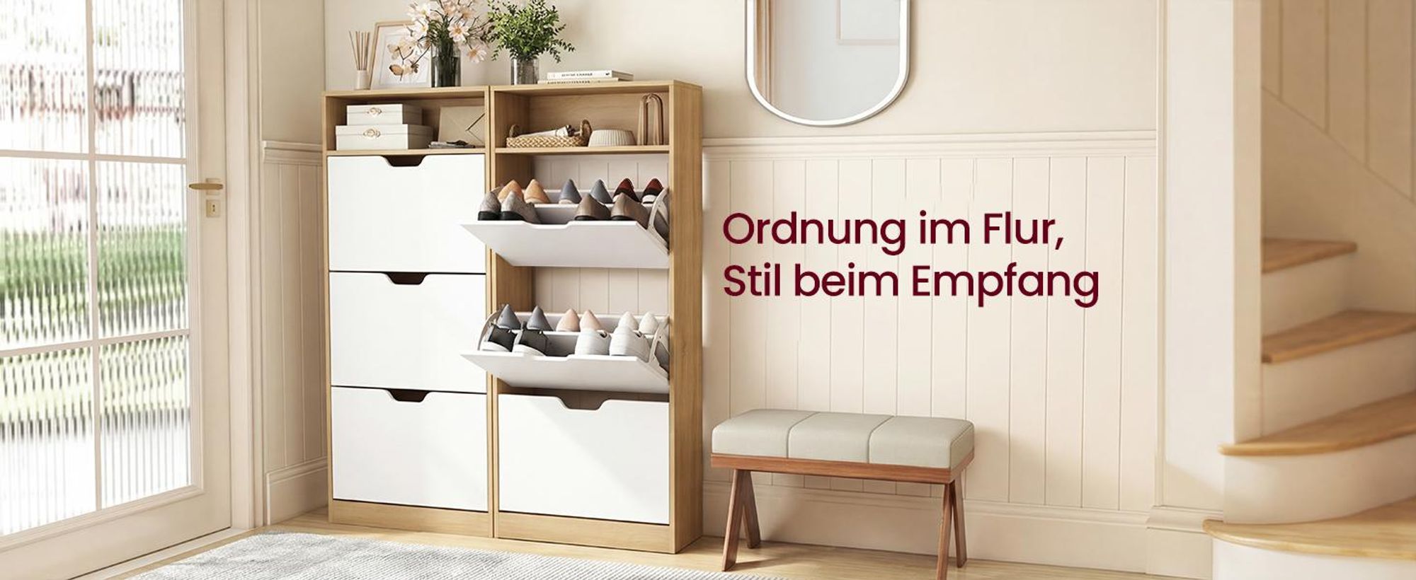 VASAGLE Schuhregal 3 Klappen, mit verstellbarer Trennwand, Schuhaufbewahrung, offenes Fach, 24 x 60 x 139 cm, eichenfarben-weiß