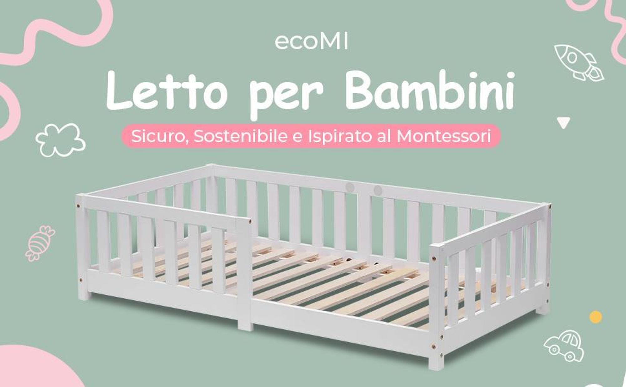 Letto per bambini 90 x 200 cm  in pino massiccio con protezione anticaduta e rete a doghe, letto Montessori in bianco naturale