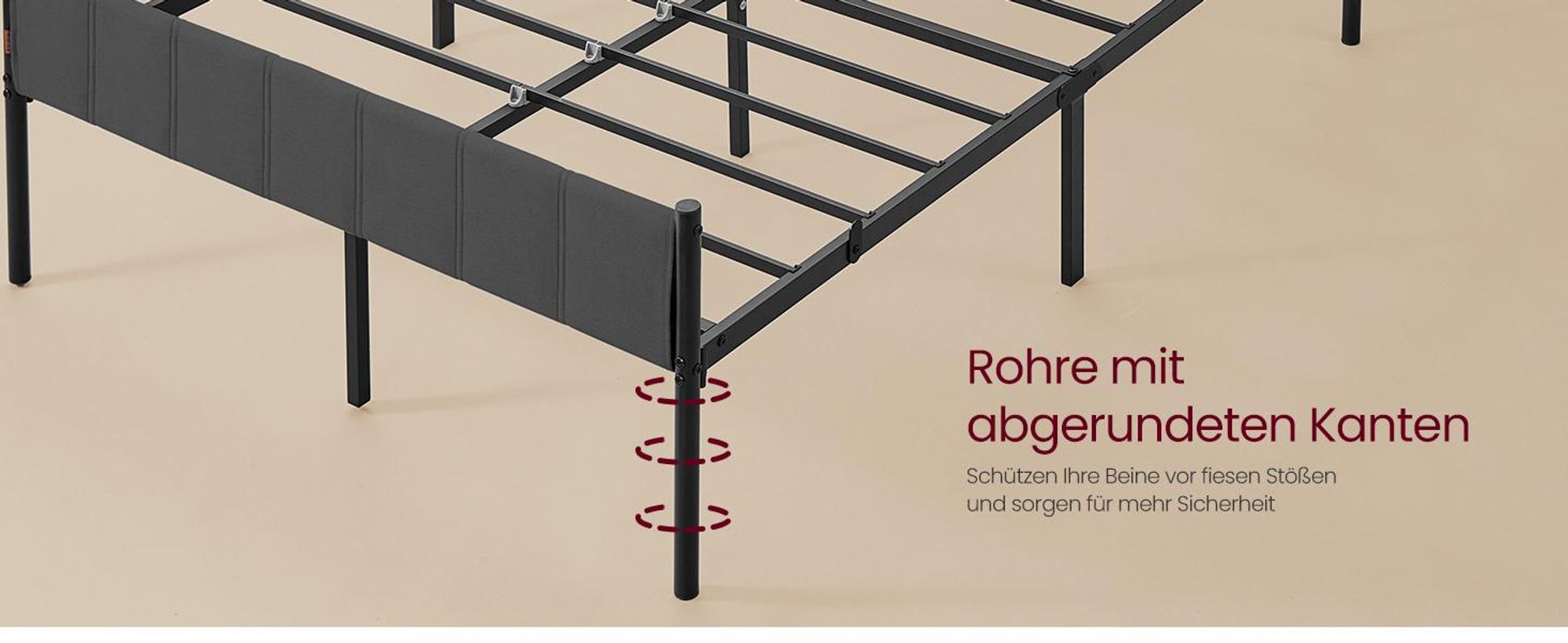 VASAGLE Doppelbett, Bettgestell, 140 x 200 cm, mit gepolstertem Kopfteil, Bettrahmen, Stahl, trägt bis zu 500 kg, grau