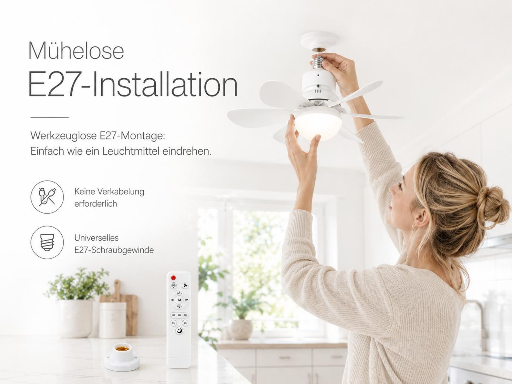 40W 52cm Deckenventilator mit Beleuchtung und Fernbedienung, LED Deckenleuchte mit Ventilator Klein E27 Decken Ventilator Schlafzimmer Küche Esszimmer