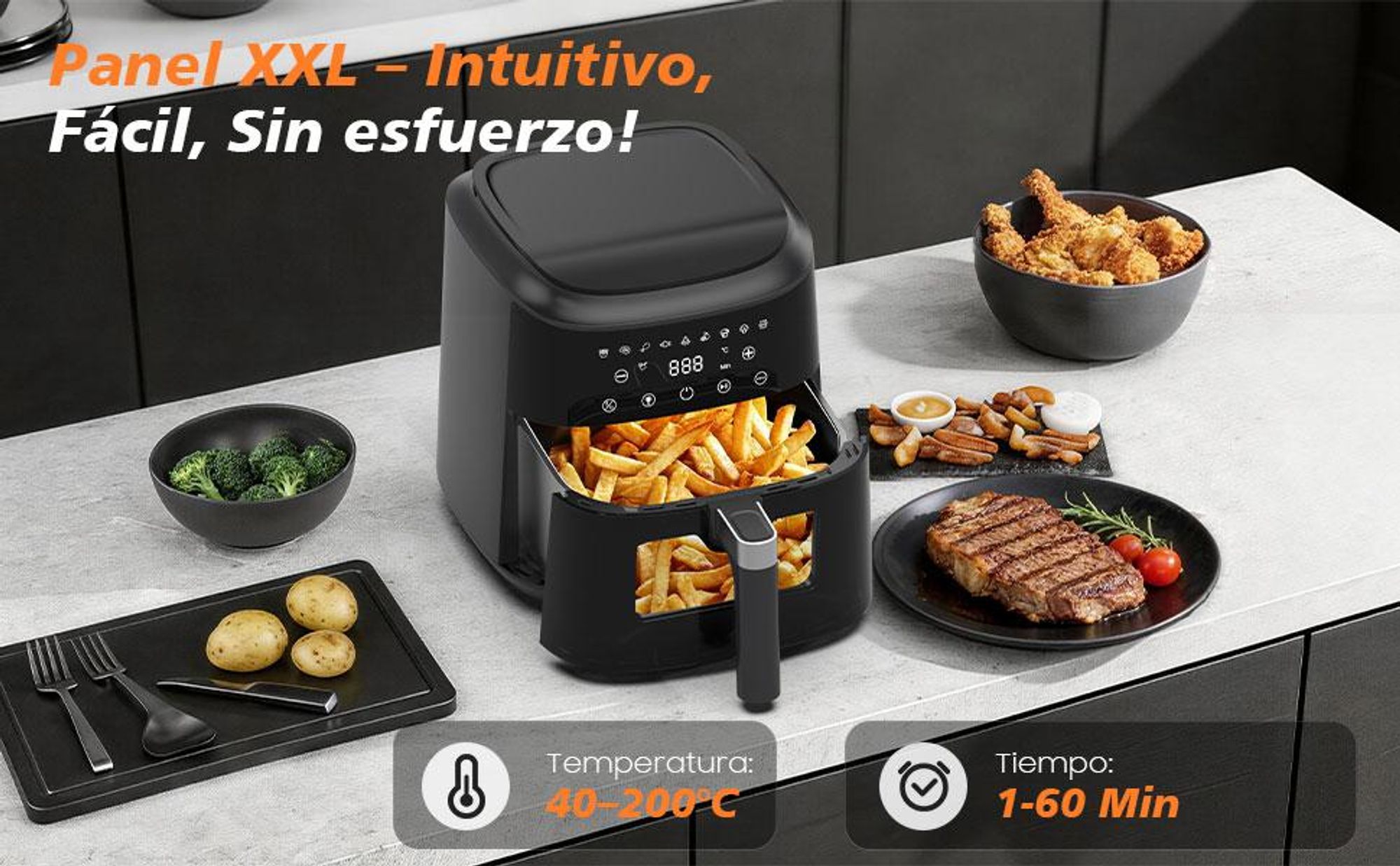 Freidora de aire 6L Airfryer, 9 programas, 40–200 °C, función mantener caliente, ventana de visualización, revestimiento antiadherente, 1650 W,