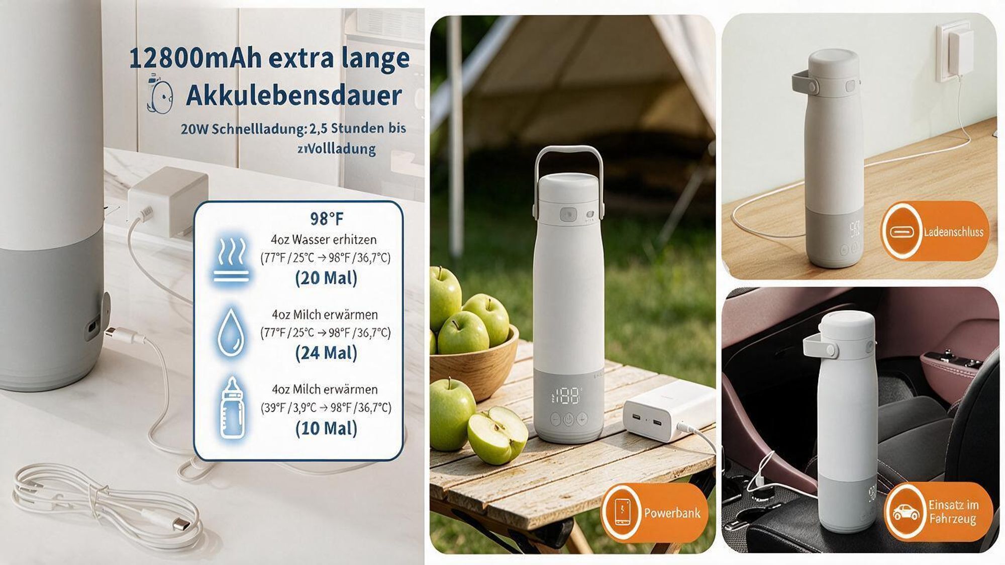 Tragbarer Babyflaschenwärmer für unterwegs, Flaschenwärmmit baby 500 ml 12800 mAh Akku, 2 Minuten bis 37°C, ±1°C LED Display, USB-C, IPX7