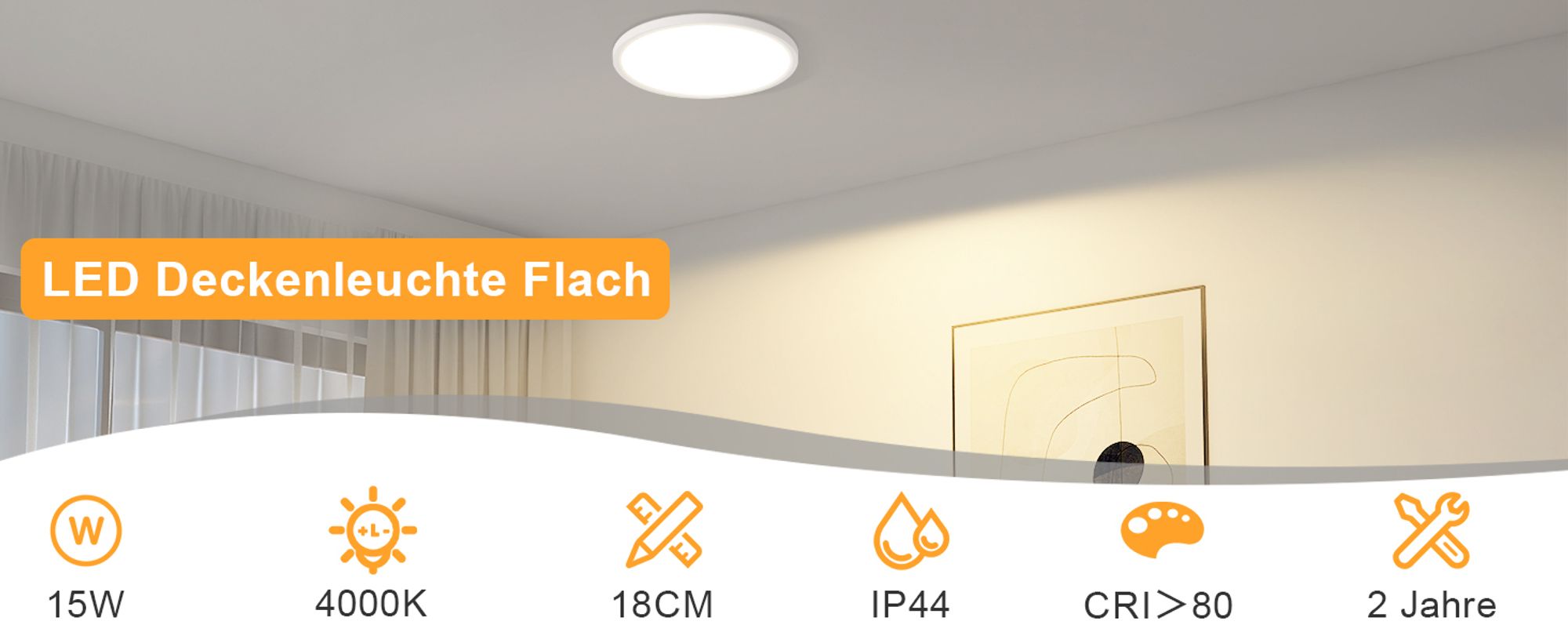 ZMH Deckenlampe LED Deckenleuchte Flach Schlafzimmerlampe 18CM Badezimmerlampe 15W Küchenlampe Schlafzimmer weiß Deckenbeleuchtung Flurlampe Decke Badlampe 4000K für Küche Flur