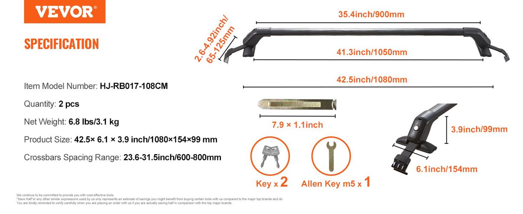VEVOR Universal Dachträger Dachgepäckträger Querträger 2 Stk. (70,3 kg belastbar) für PKW Abstand zwischen Dachrinnen 105-109 cm, Abstand von Dachrinnen zu Fenstern 6 cm