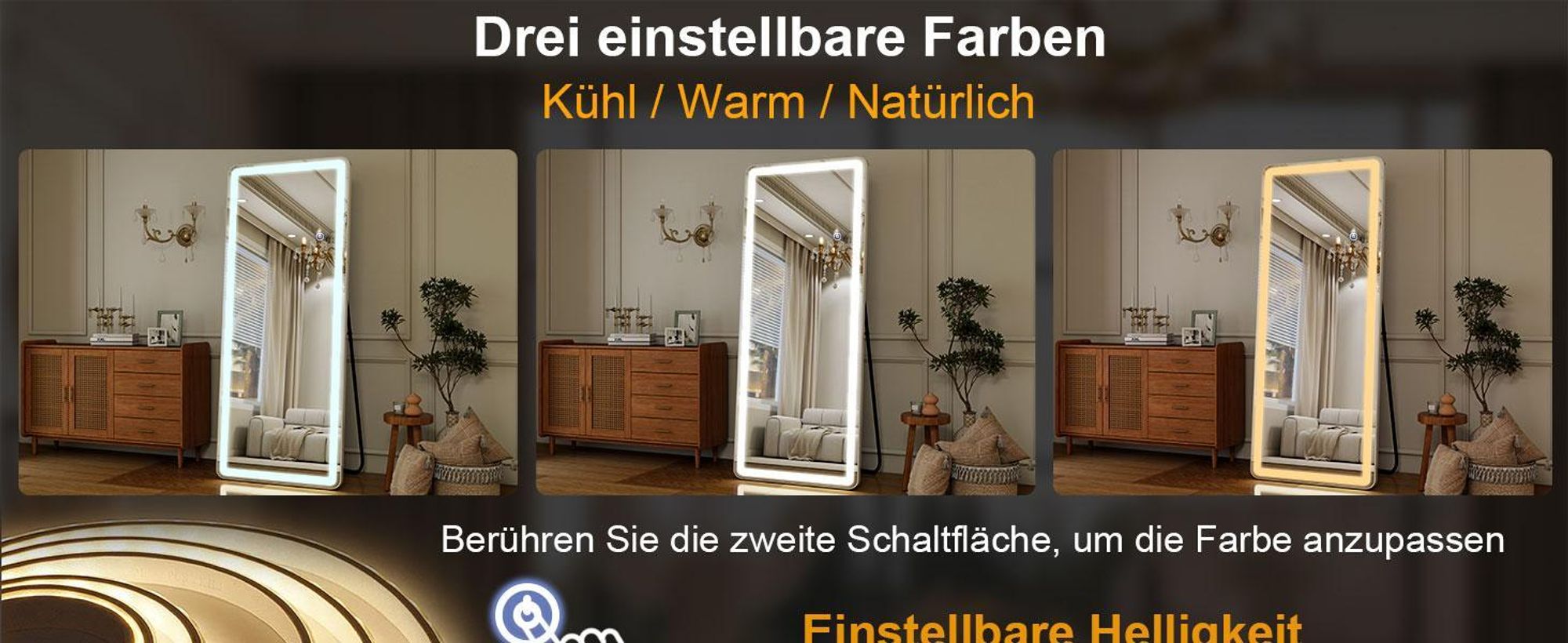 Koonmi LED Ganzkörperspiegel 180 x 66 cm stabiler Rahmen mit Touch, LED Spiegel mit Touchsteuerung, 3 Lichtfarben und beschlaghemmender